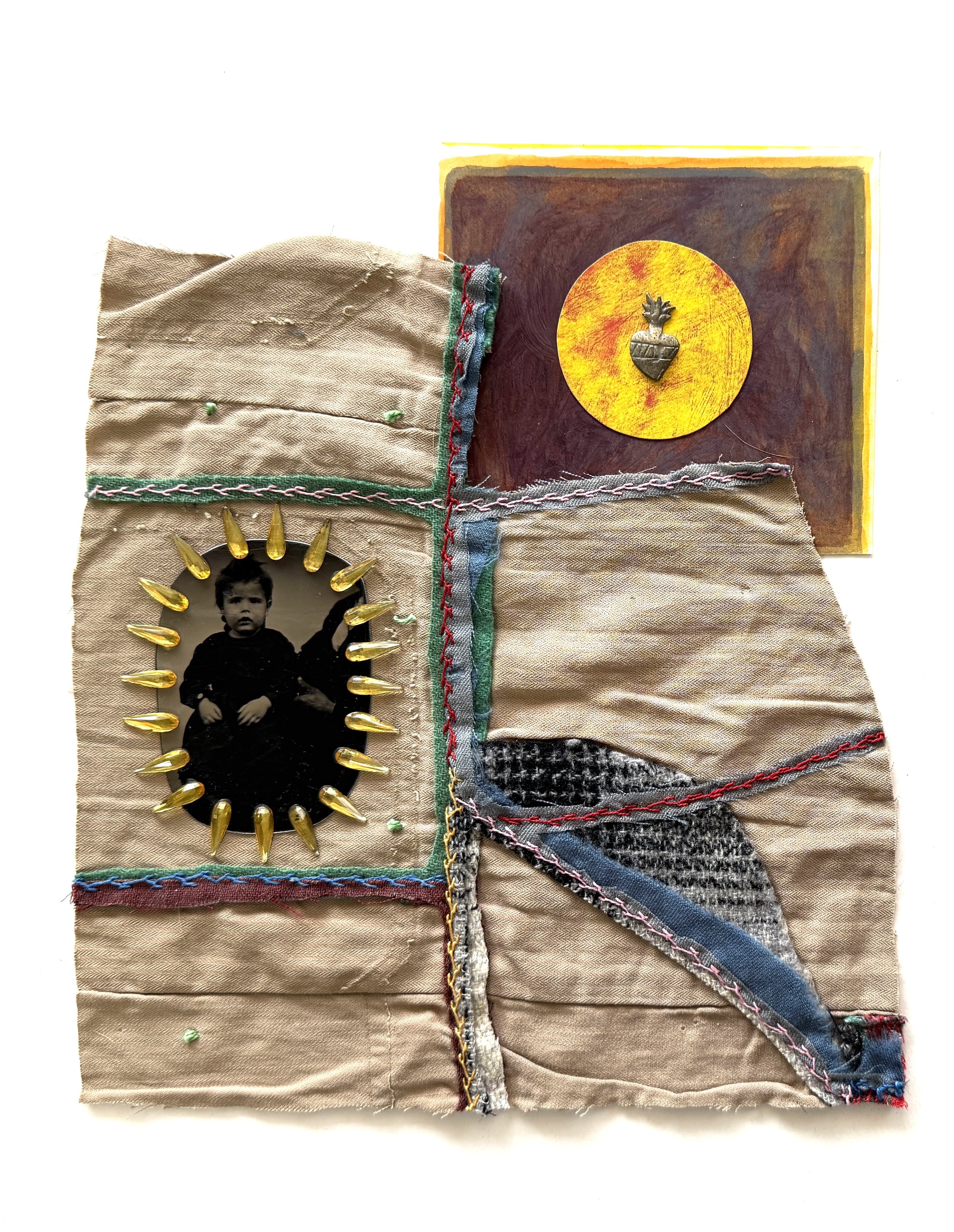 Care, 2025, watercolor, antique quilt, tintype, crystals, metal, paper on 4ply mat board, 14 x 11 in