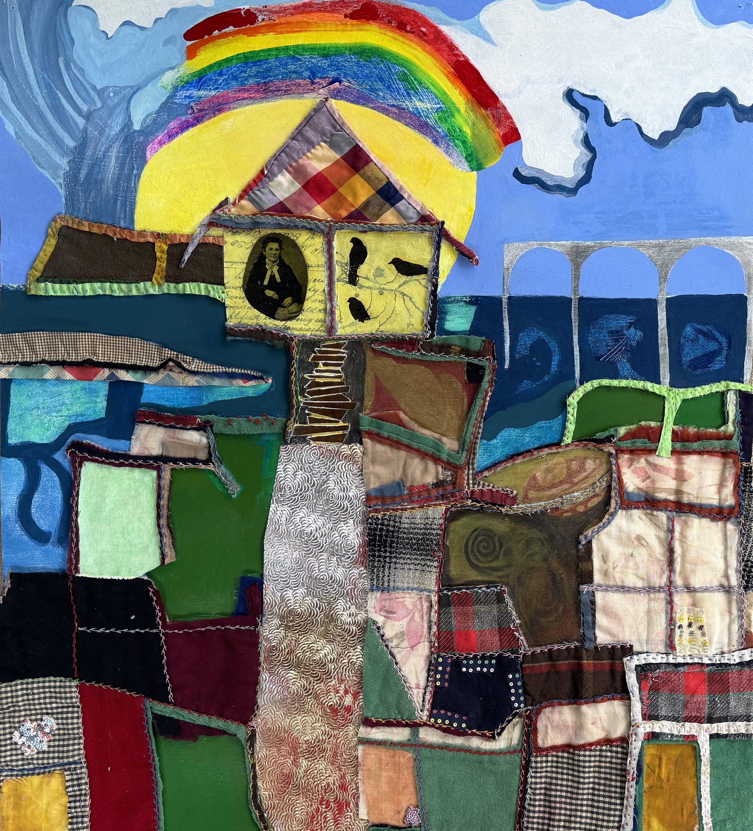 Three Crows, 2025, acrylic, pencil, antique quilt, glass, beads, paper on paper, 29 x 26 in