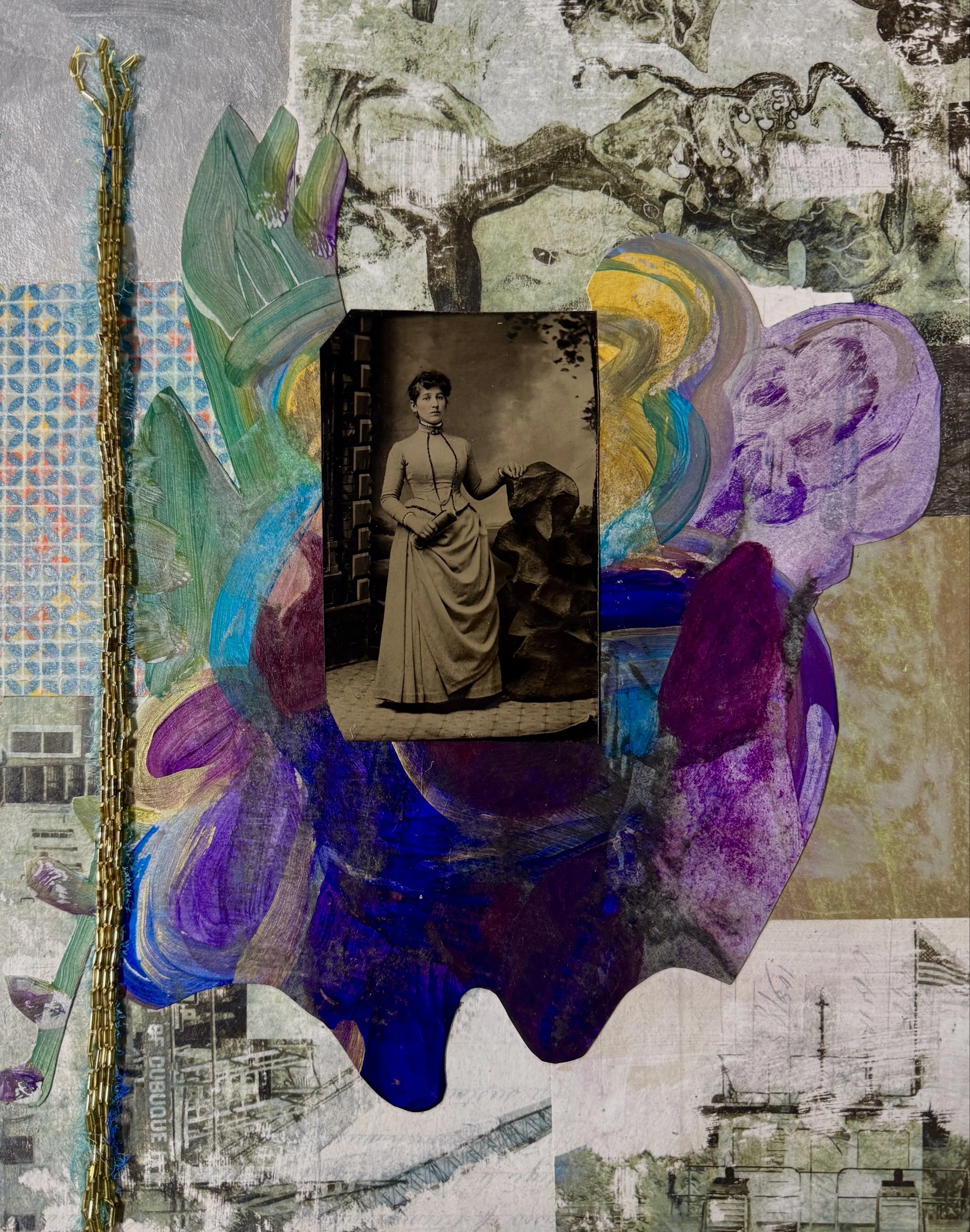 Stage, 2025, acrylic, ink, spray paint, pencil, tintype, beads, paper, mounted on cradled  panel, 14 x 11 x 1 in