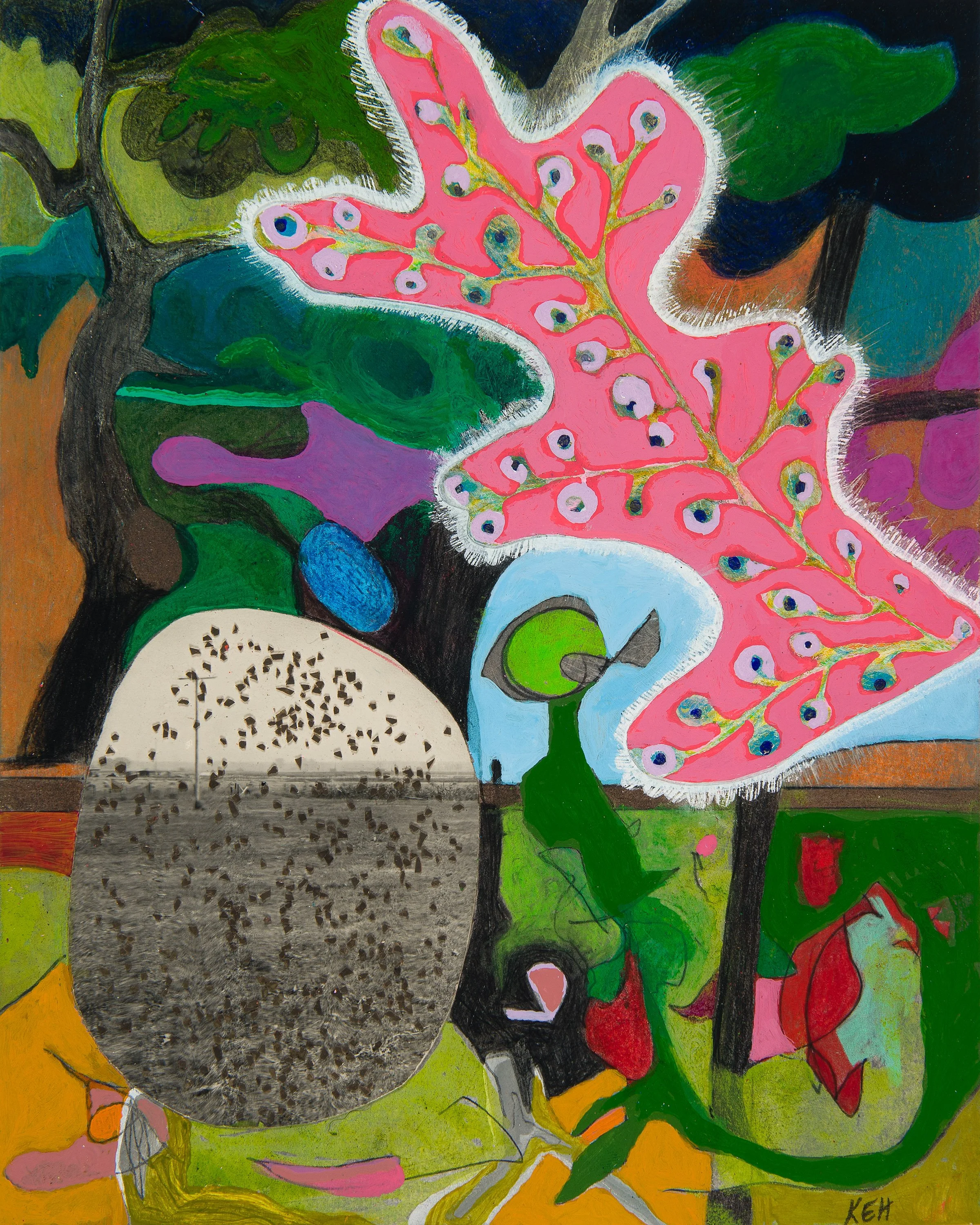 Plains, 2023, acrylic, color pencil, graphite, sparkles, paper media on 4 ply mat board, 10 x 8 in. Private Collection