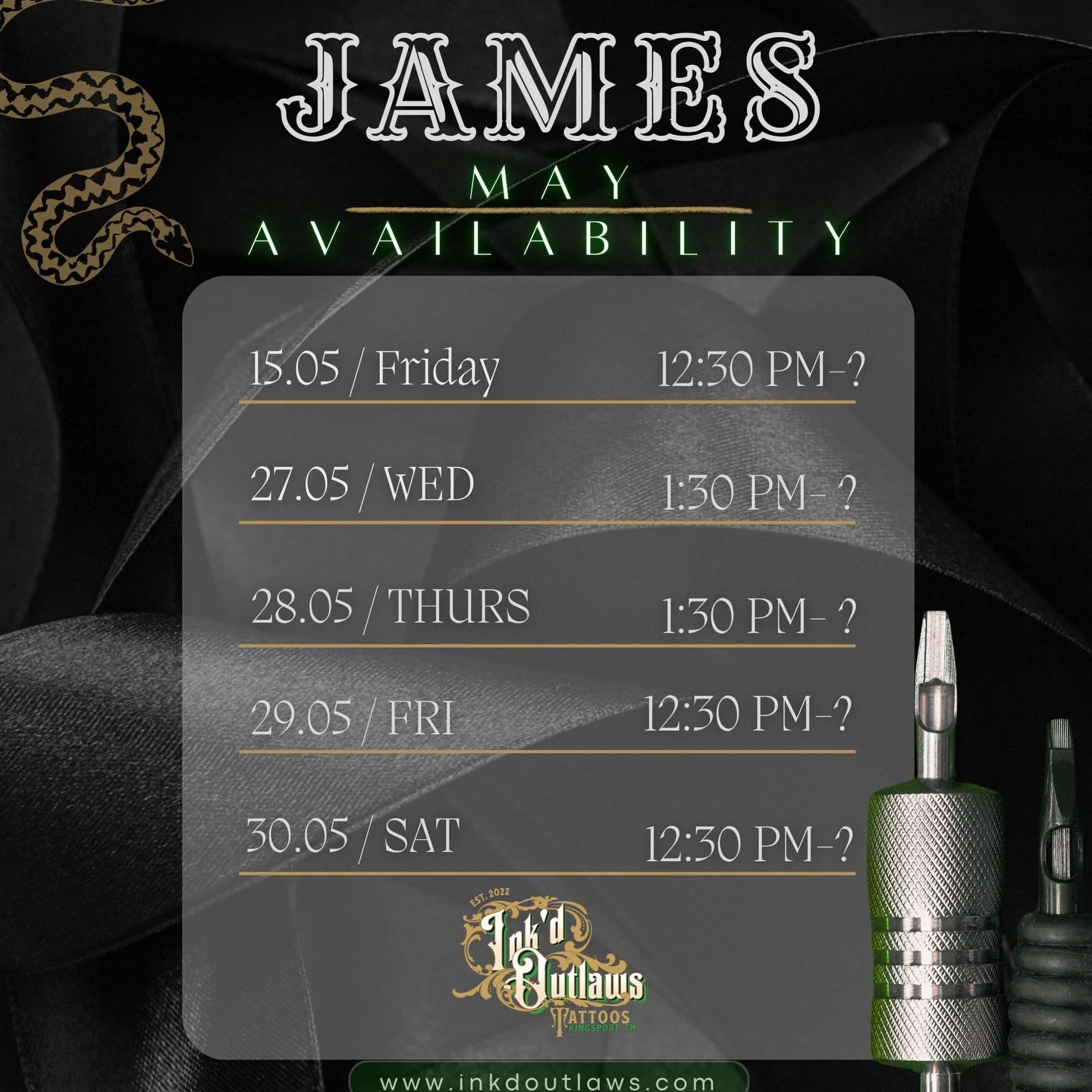 Looking to get tattooed by James this month? 🗓️ These are the days of his availability left for this month. ✍🏻 

#inkdoutlaws #kingsporttattoo #kingsporttattooshop #tricitiestattoo