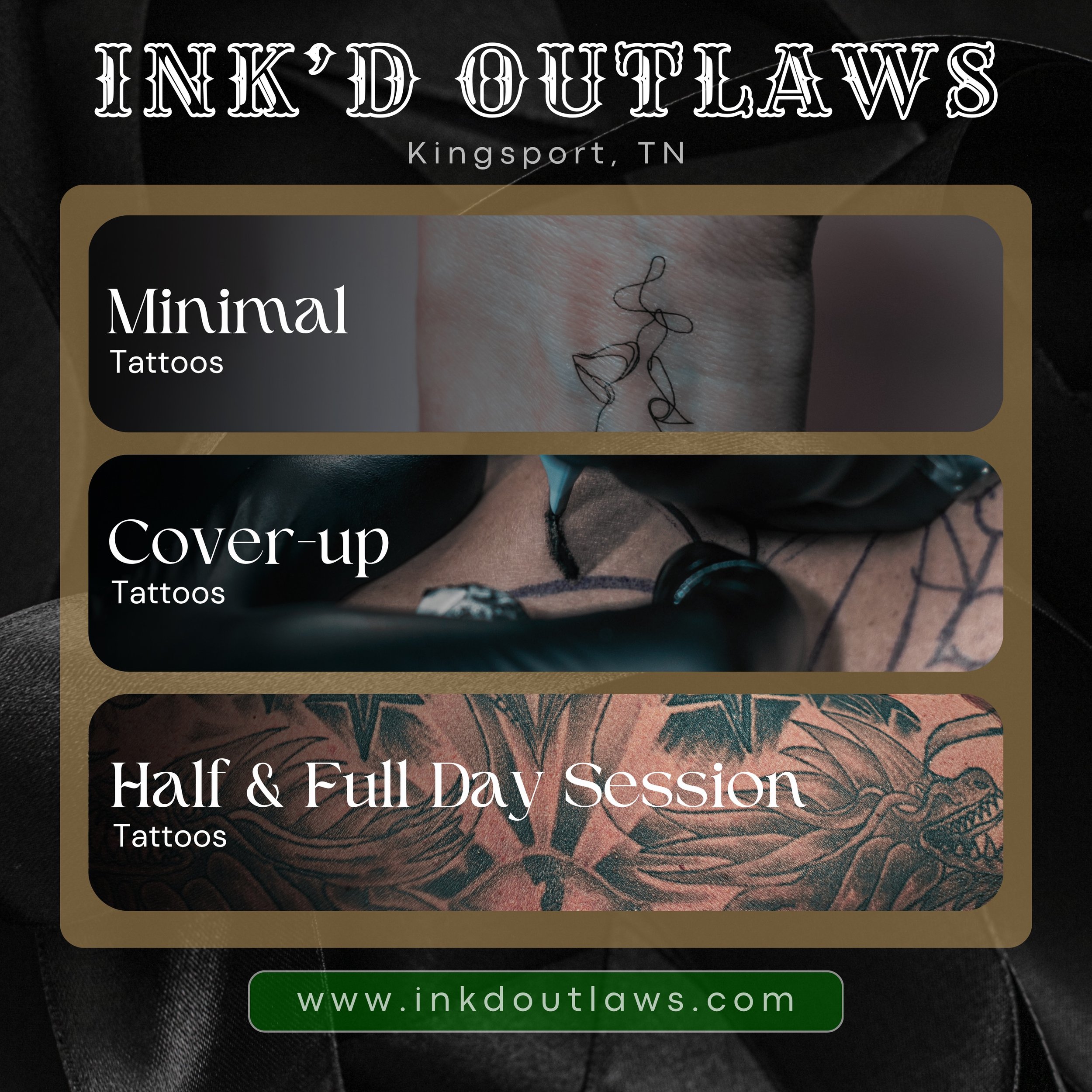 🫟 From minimal tattoos to major coverups, half-day sessions to full-day custom work, Ink&rsquo;d Outlaws is built for every stage of your tattoo journey. Whether you want something small and meaningful or a memorial-themed large-scale piece that tak