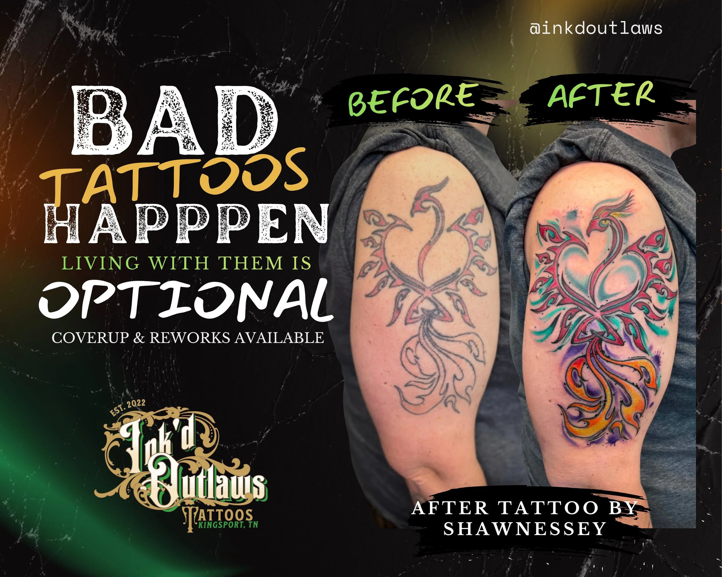 🫟 Not every tattoo tells the story you want anymore, and that&rsquo;s okay.

At Ink&rsquo;d Outlaws, we specialize in cover-ups and reworks that help turn old tattoos into something you can feel confident wearing again. From faded ink to poorly done