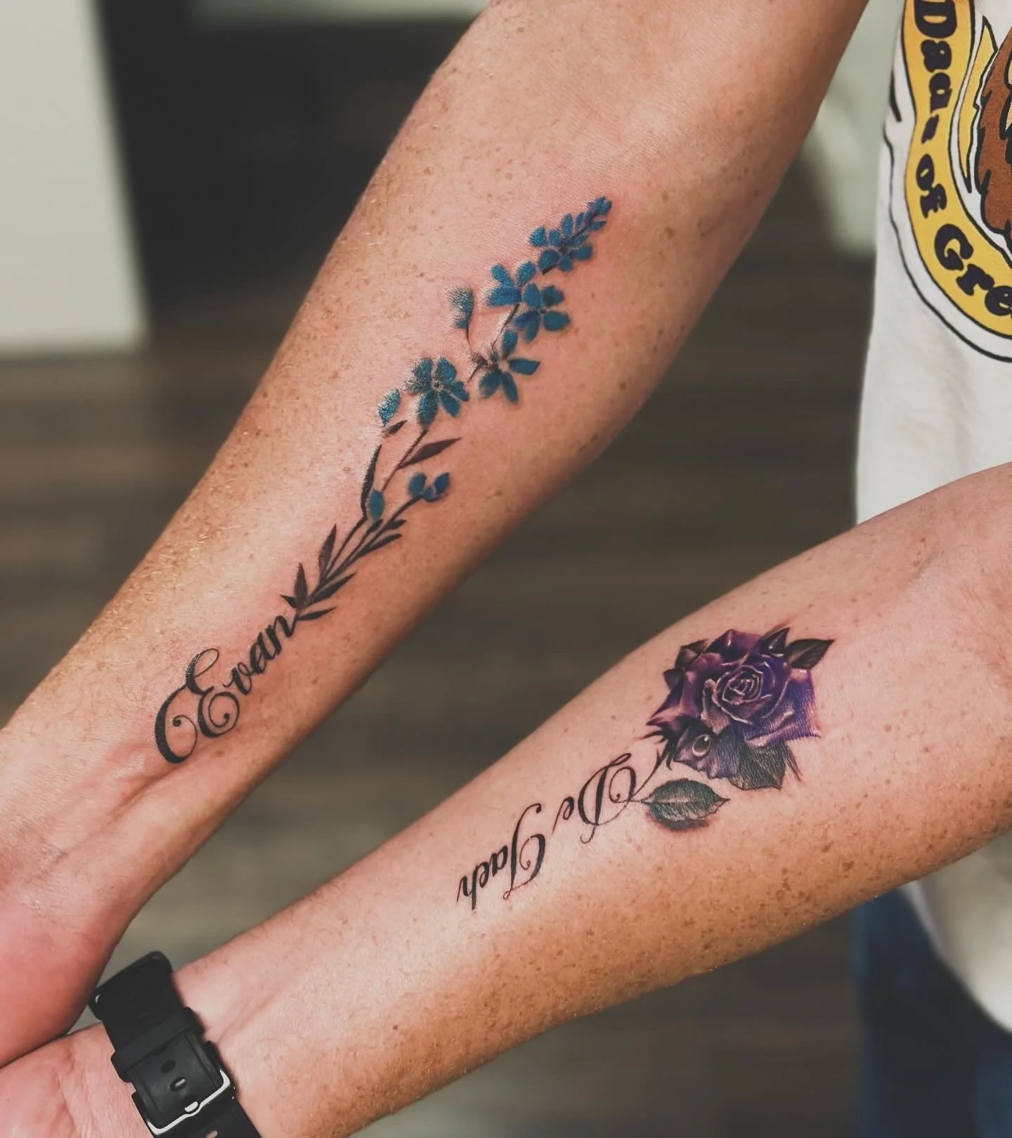 Matching floral tattoo
