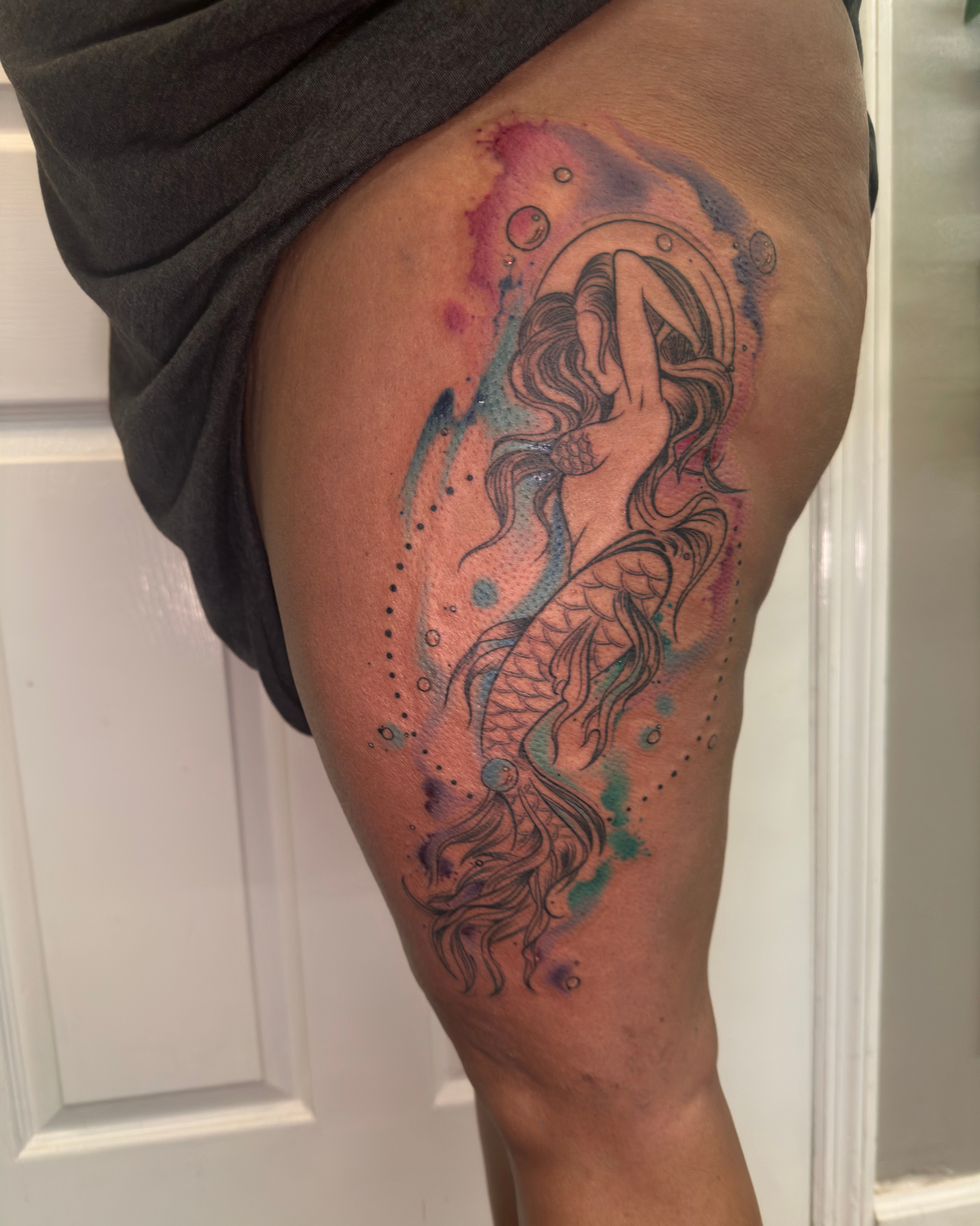 watercolor hip mermaid tattoo