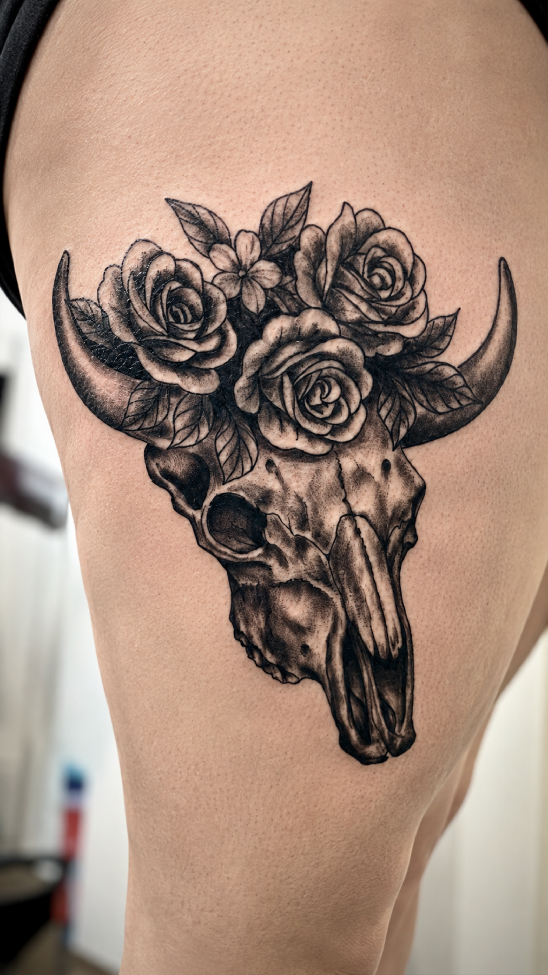 Tattoo of a cow skull with flowers and leaves on the upper arm.