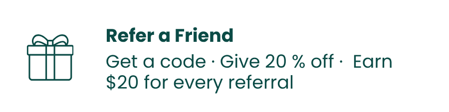 Illustration of a gift box outlined in green next to promotional text about referring a friend for discounts and earnings.