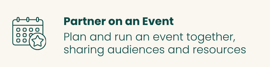 Illustration of a calendar with a star, next to text about partnering at an event to share audiences and resources.