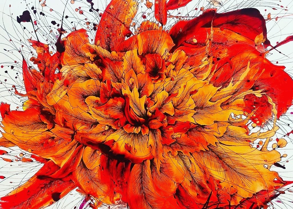 Scarlet & Gold. 24 x 18 in. Liquid Acrylic & Ink. 