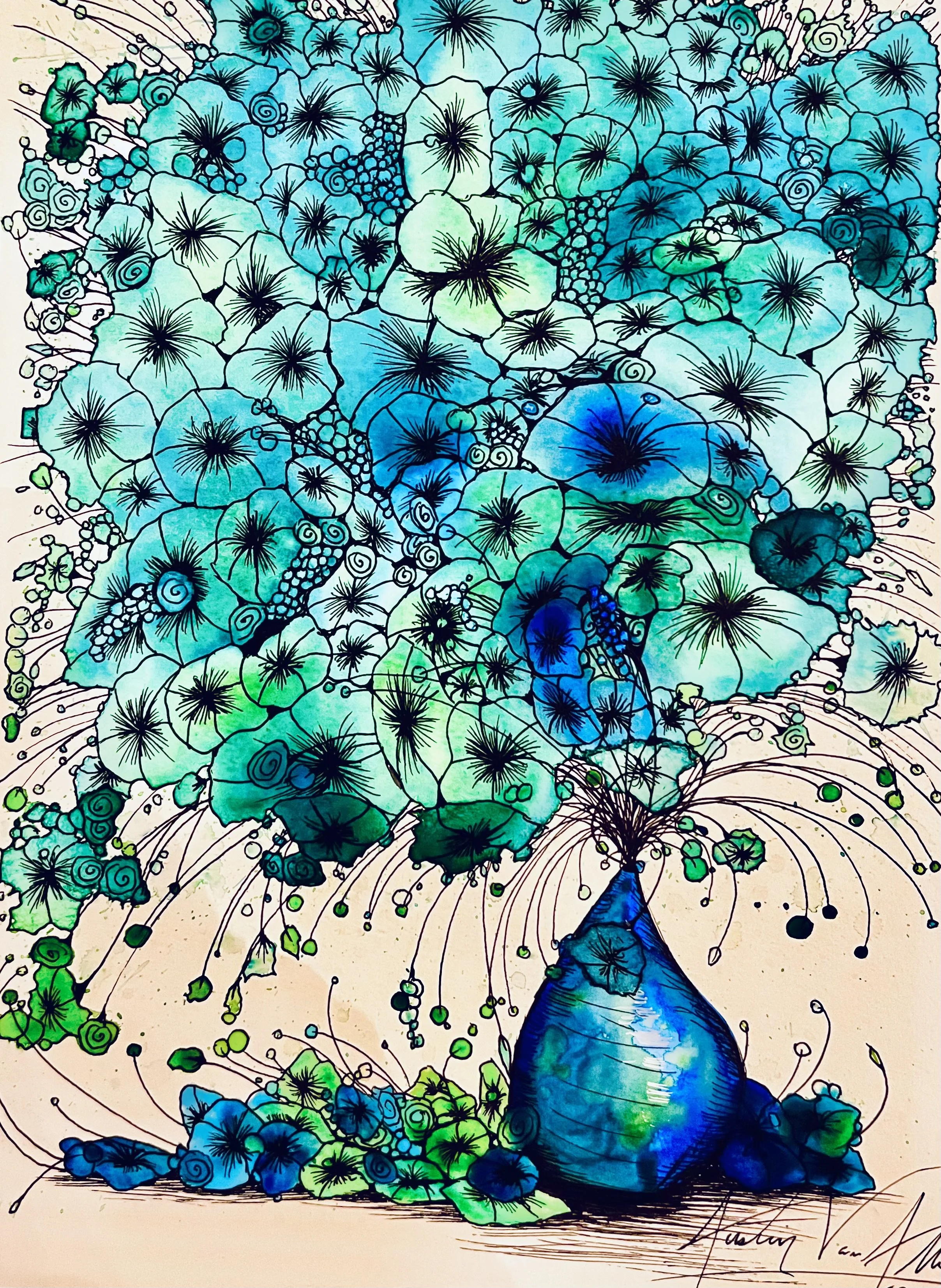 Bubbles 2. 8.5 x 11 in. Liquid Watercolor and Ink. 