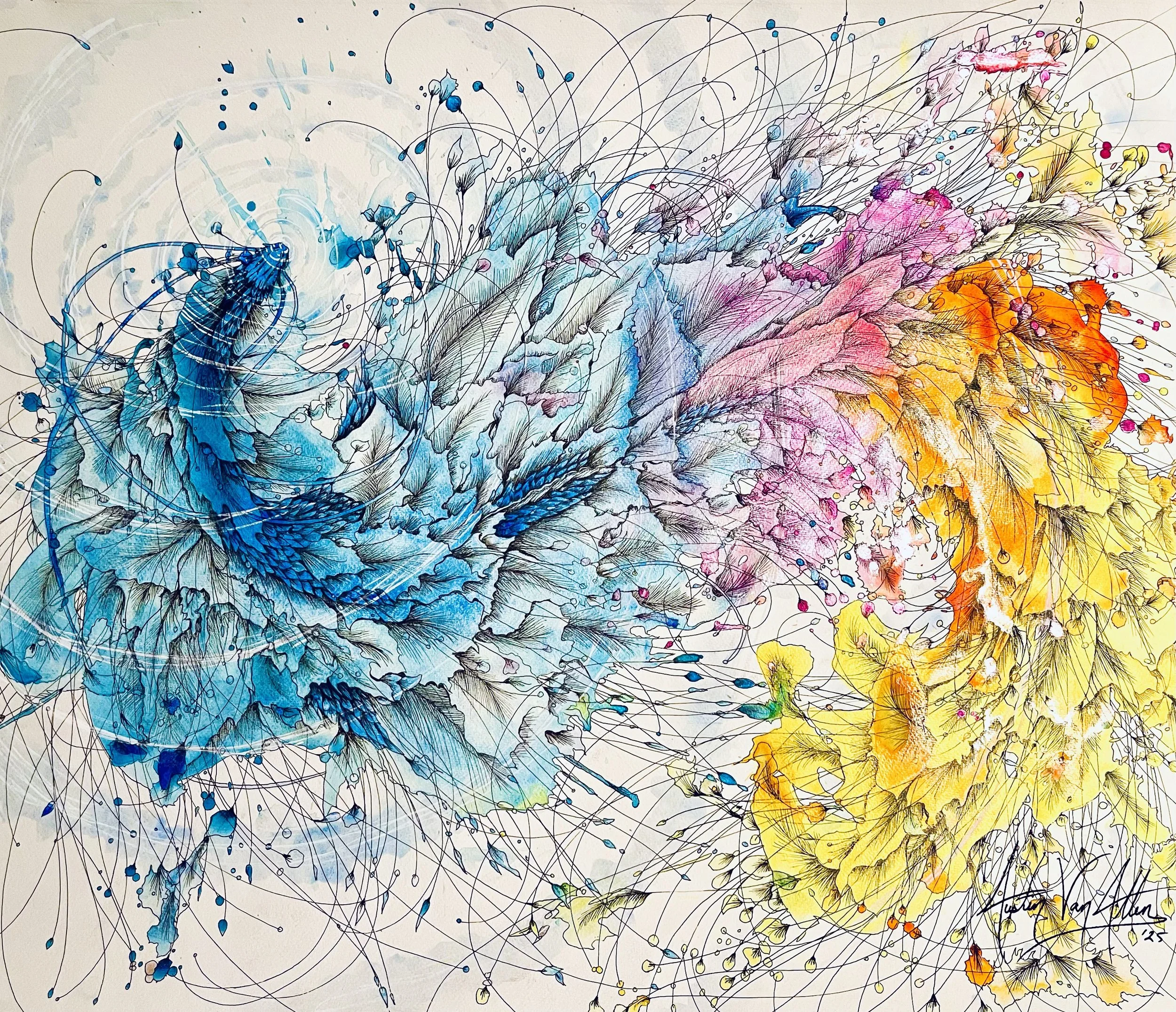 Beneath the Waves. 24 x 30 in. LIquid Watercolor and Ink. 
