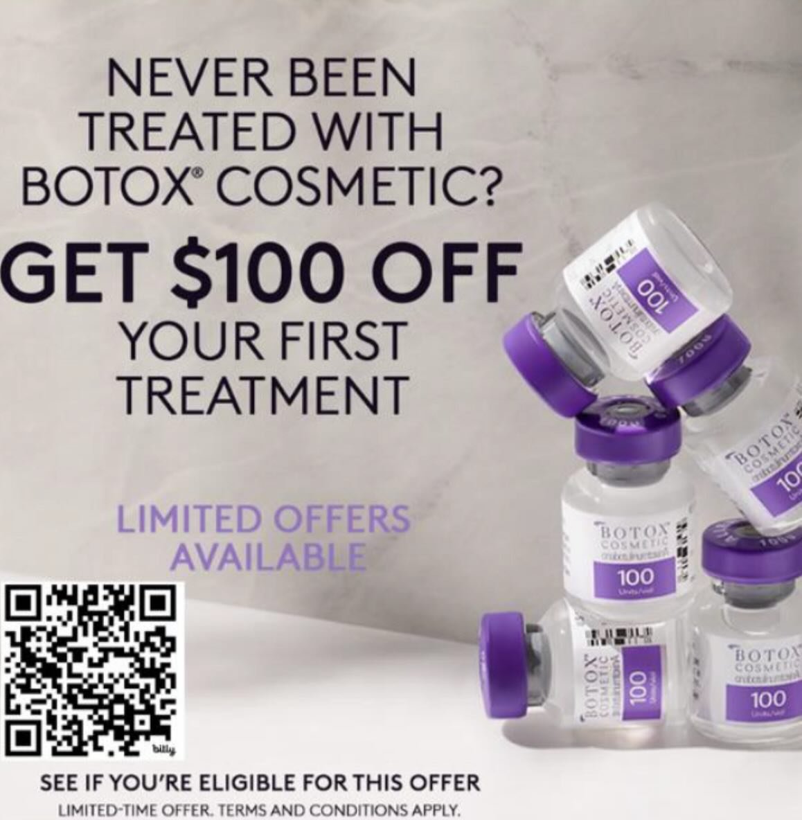 Alle&rsquo;s new Botox Offer: $100 off for new to Botox patients! 

👉🏻Scan the QR code above &amp; claim offer
👉🏻Must be an Alle member to claim
👉🏻Offer is available for immediate use
👉🏻Offer expires 90 days after issue date into Alle Wallet
