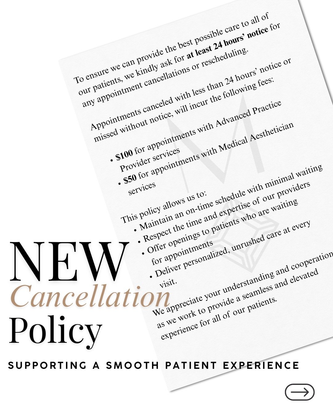 We know life happens, and we're always happy to work with you when possible.

Because we don't overbook appointments, each time slot is intentionally reserved to keep visits on time and wait times minimal.

We kindly ask for 24 hours' notice for canc
