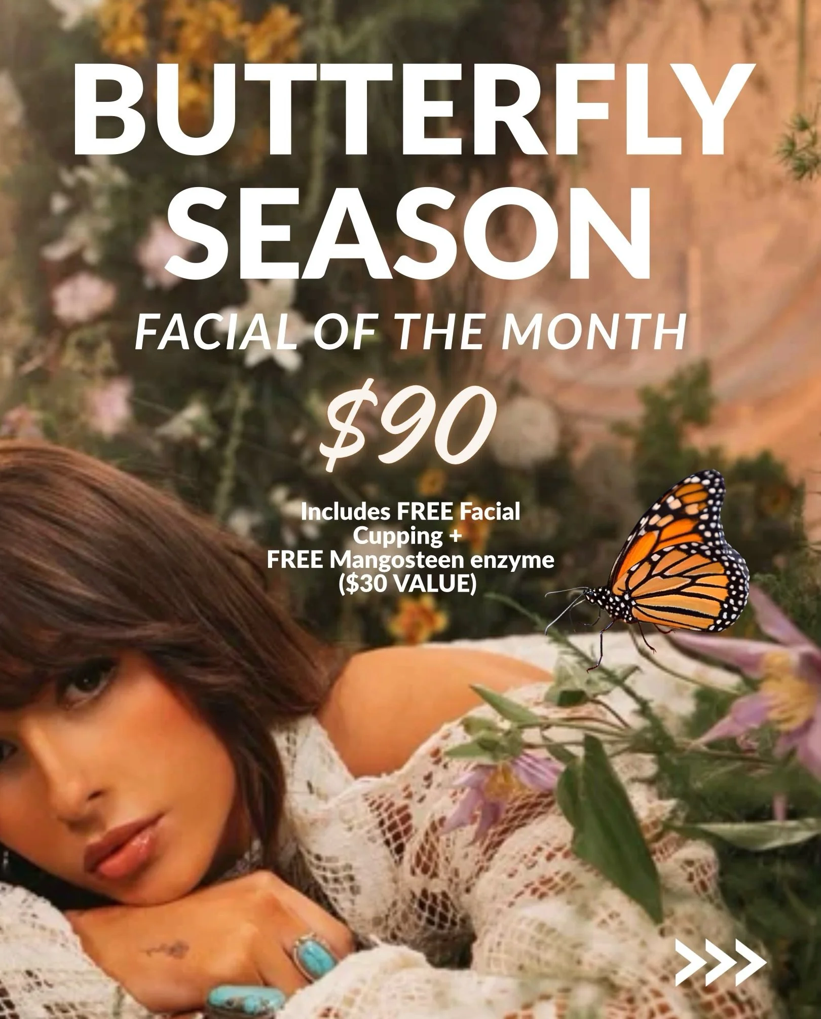 🦋 Butterfly Season Facial of the Month 🦋

Glow into the season with our luxurious Butterfly Season Facial for just $90!

This rejuvenating treatment includes:
✨ Mangosteen Resurfacing Cleansing Treatment
✨ Stone Crop Toner
✨ Complimentary Mangostee