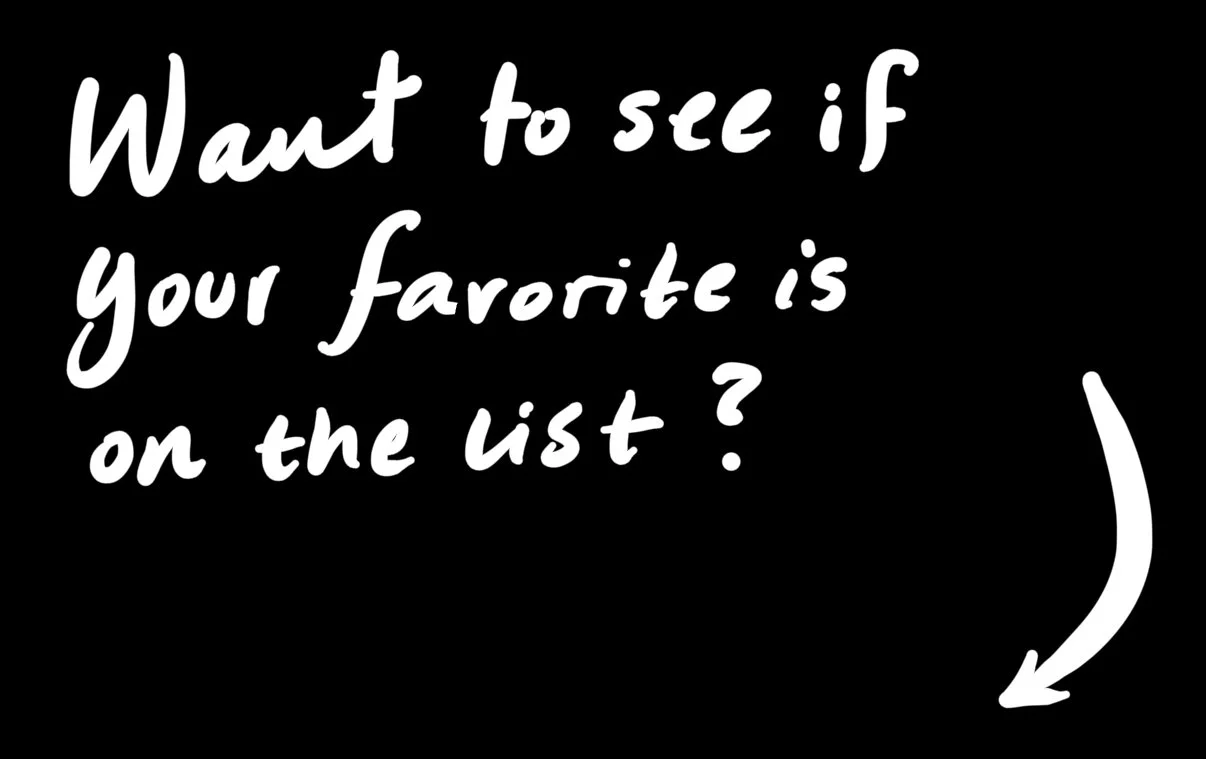 Black background with white handwritten text asking, 'Want to see if your favorite is on the list?' with a white arrow pointing downward.