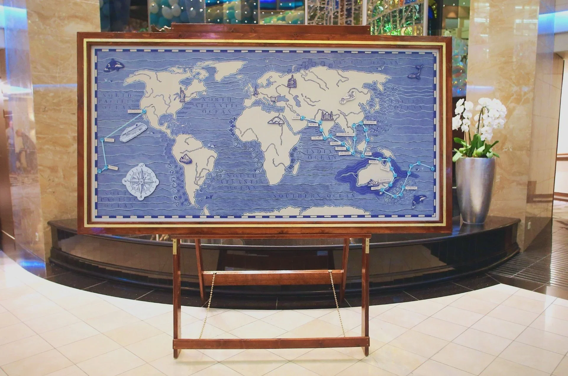Magnetic Map, Custom Easel, Acrylic magnets for a Cruise Line