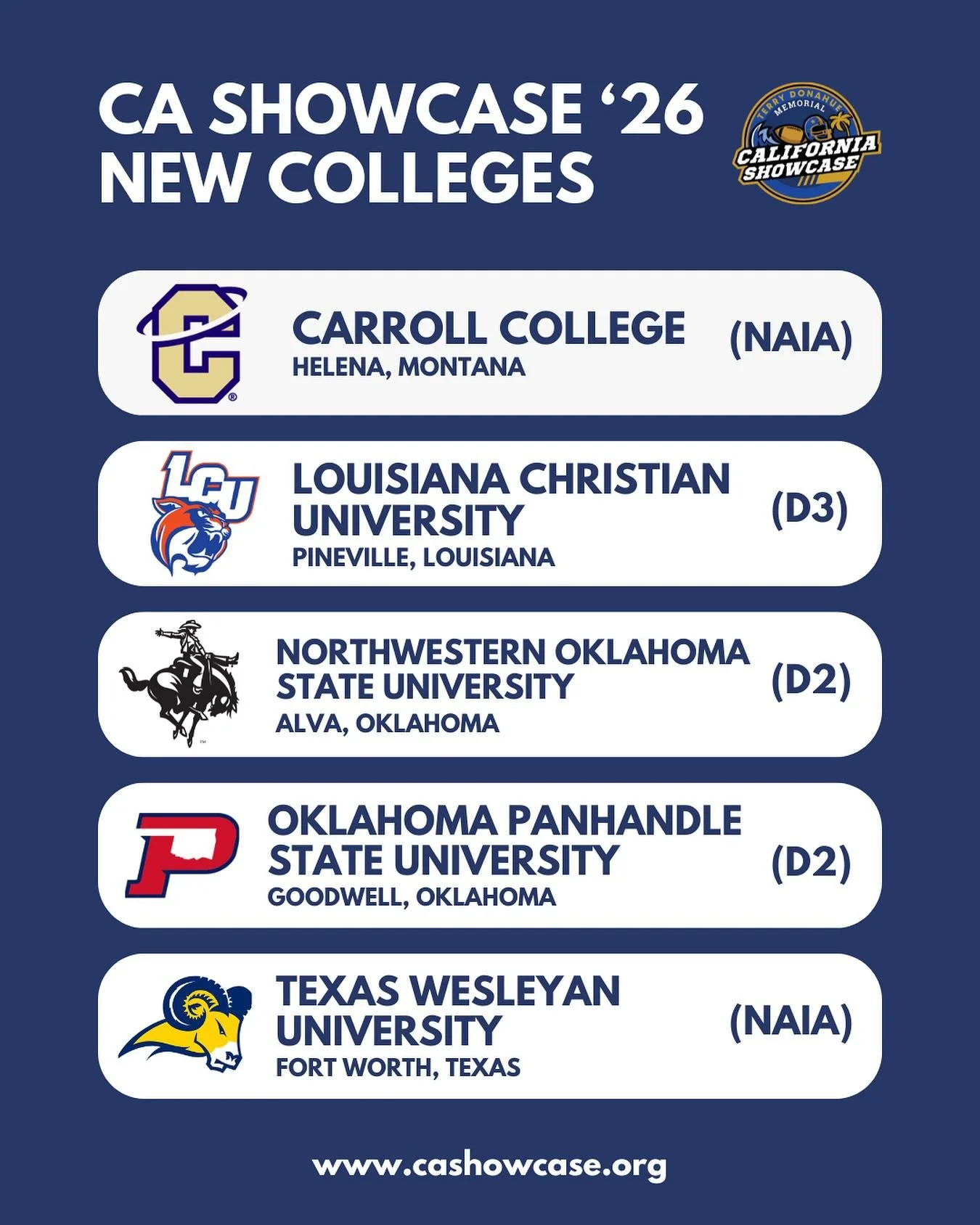 We expect over 60 4-year Colleges and Universities to attend #CAshowcase2026, including a handful of first-time attendees and more are signing up every day.⁠
⁠
Join us for the 13th annual Terry Donahue Memorial #CAShowcase on 02.21.26 and show your s