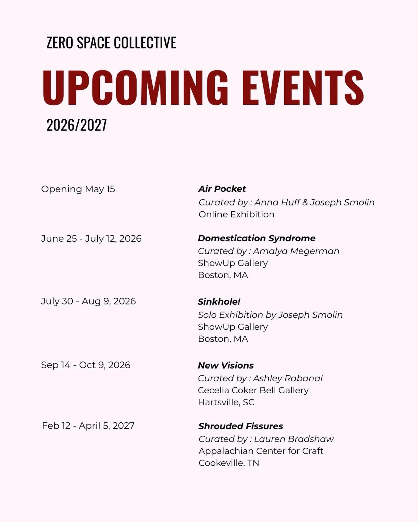 UPDATES!! We&rsquo;ve got lots of new exhibitions to announce, make sure you save the dates! 

First up, Zero Space&rsquo;s first online exhibition goes live on our website on May 15! &ldquo;Air Pocket&rdquo; is curated by @annakhuff and @cartoon.dre