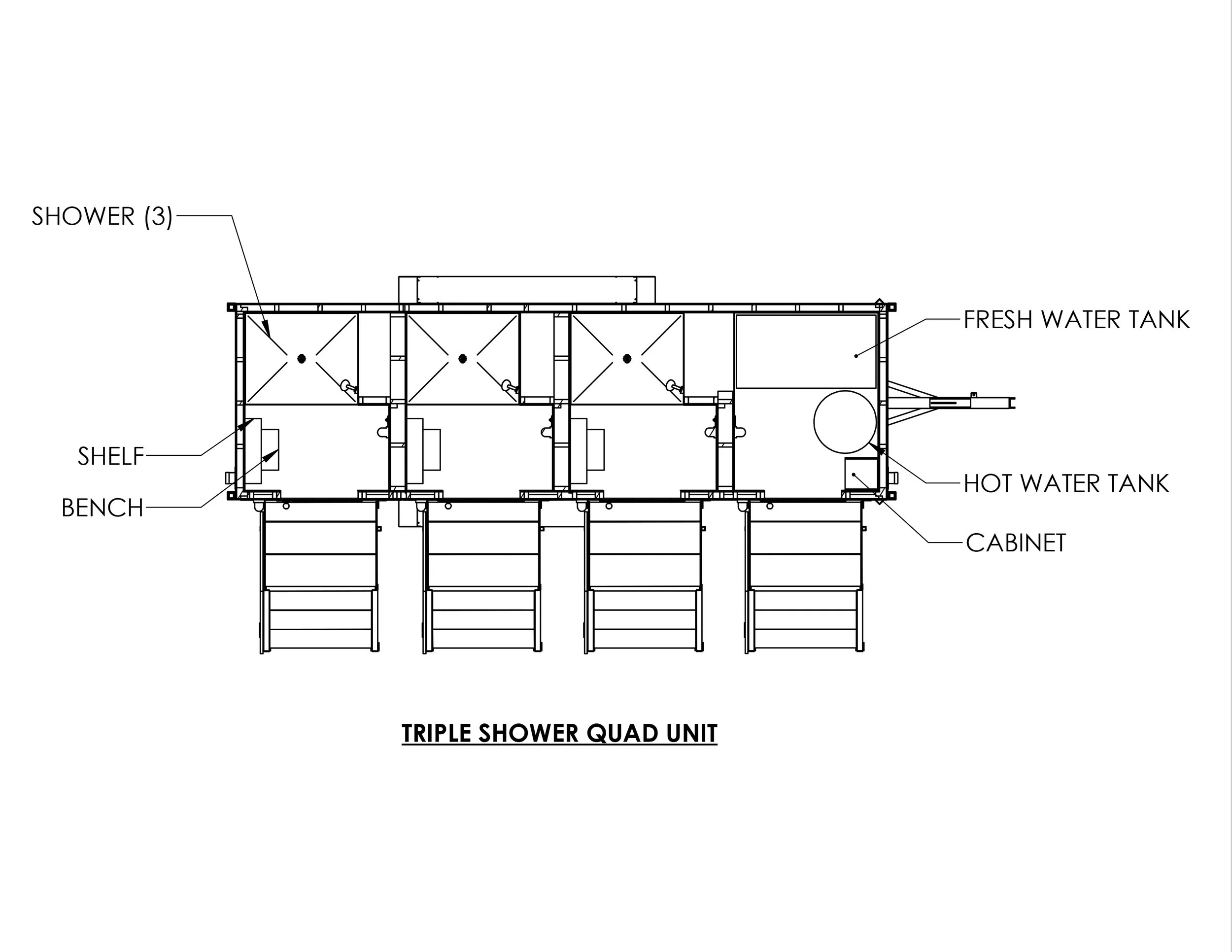 Blueprint of a triple shower quad unit with four shower stalls, shelves, benches, and separate hot and cold water tanks.