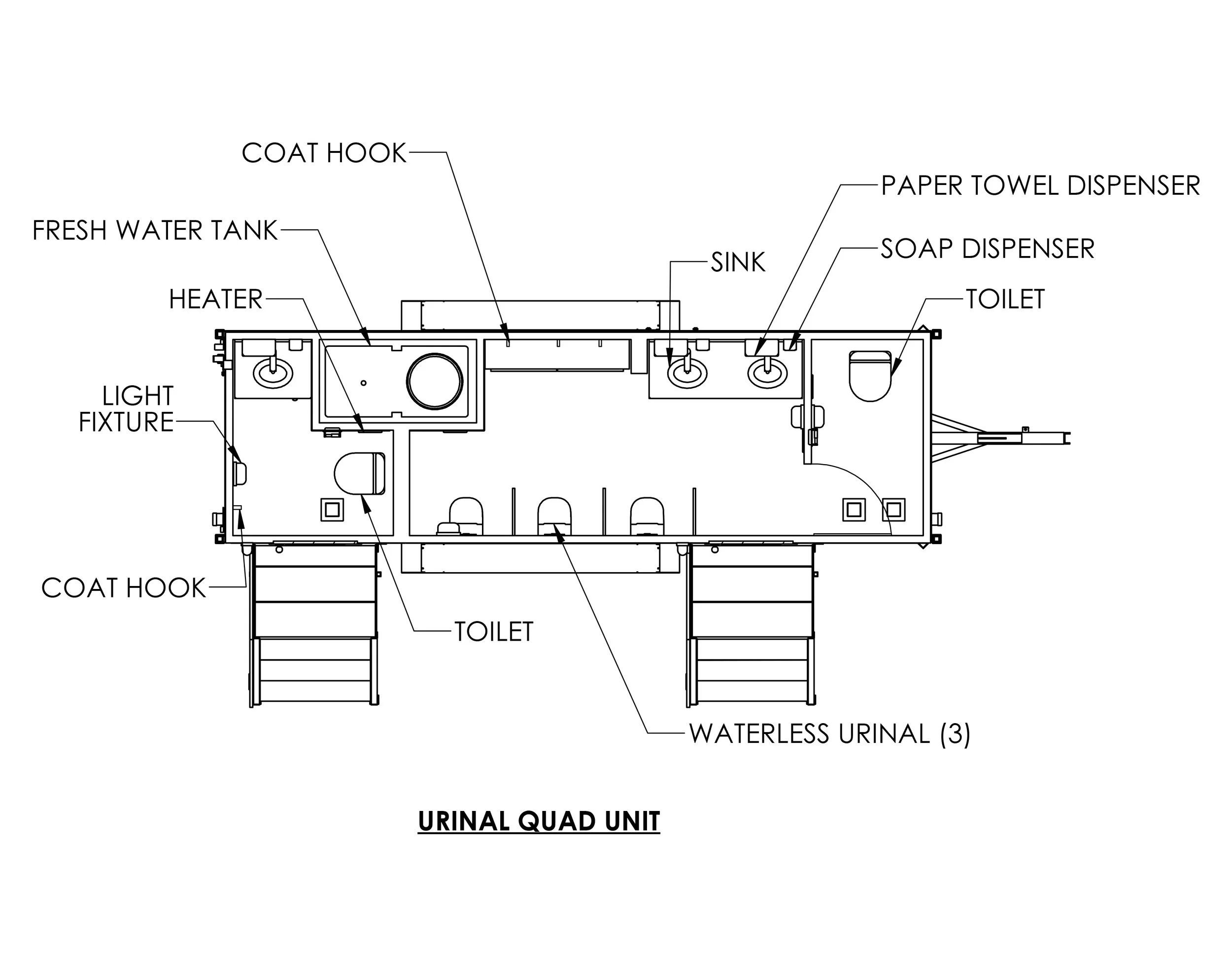 Diagram of a portable restroom with labeled features including a waterless urinal, toilets, sinks, soap dispenser, paper towel dispenser, coat hooks, light fixtures, water tank, heater, and stairs.