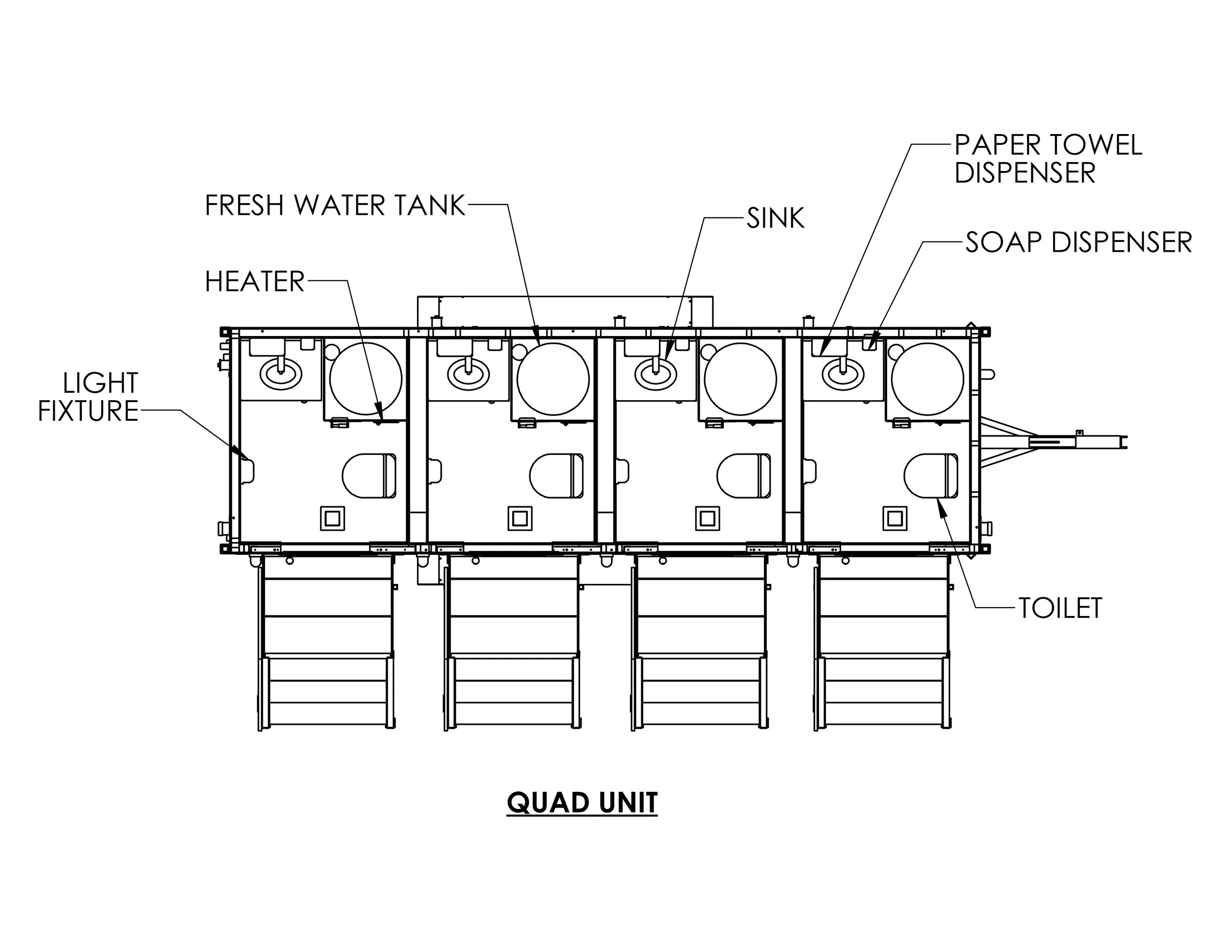 Blueprint of a quad unit bathroom with four separate toilet stalls, each with a sink, soap dispenser, paper towel dispenser, water heater, and light fixture. Stalls are elevated on platforms with steps.