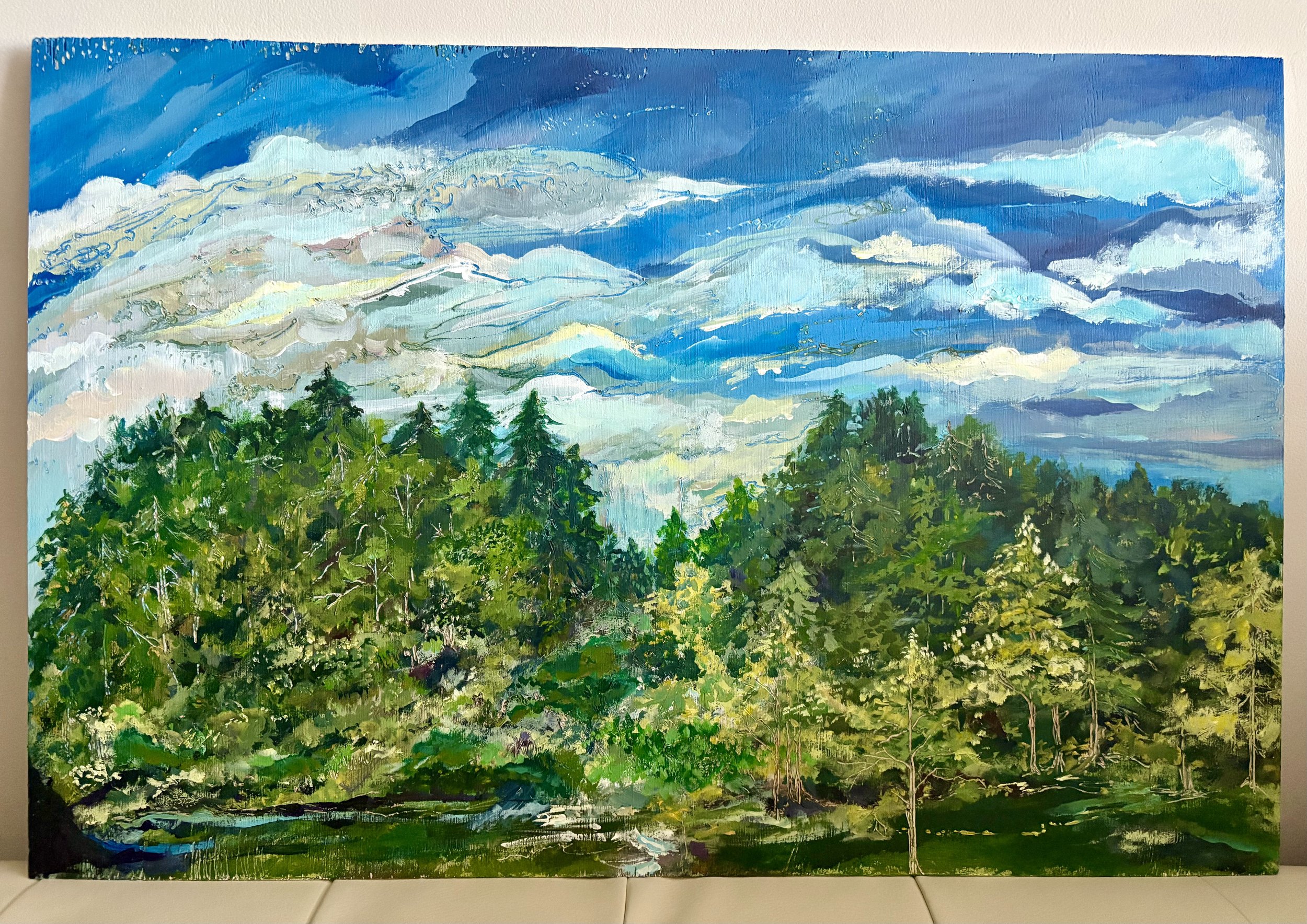 2021, "Reflections", 15 15/16 x 24, Acrylic on Gessoed Wood, Woodburned Details 