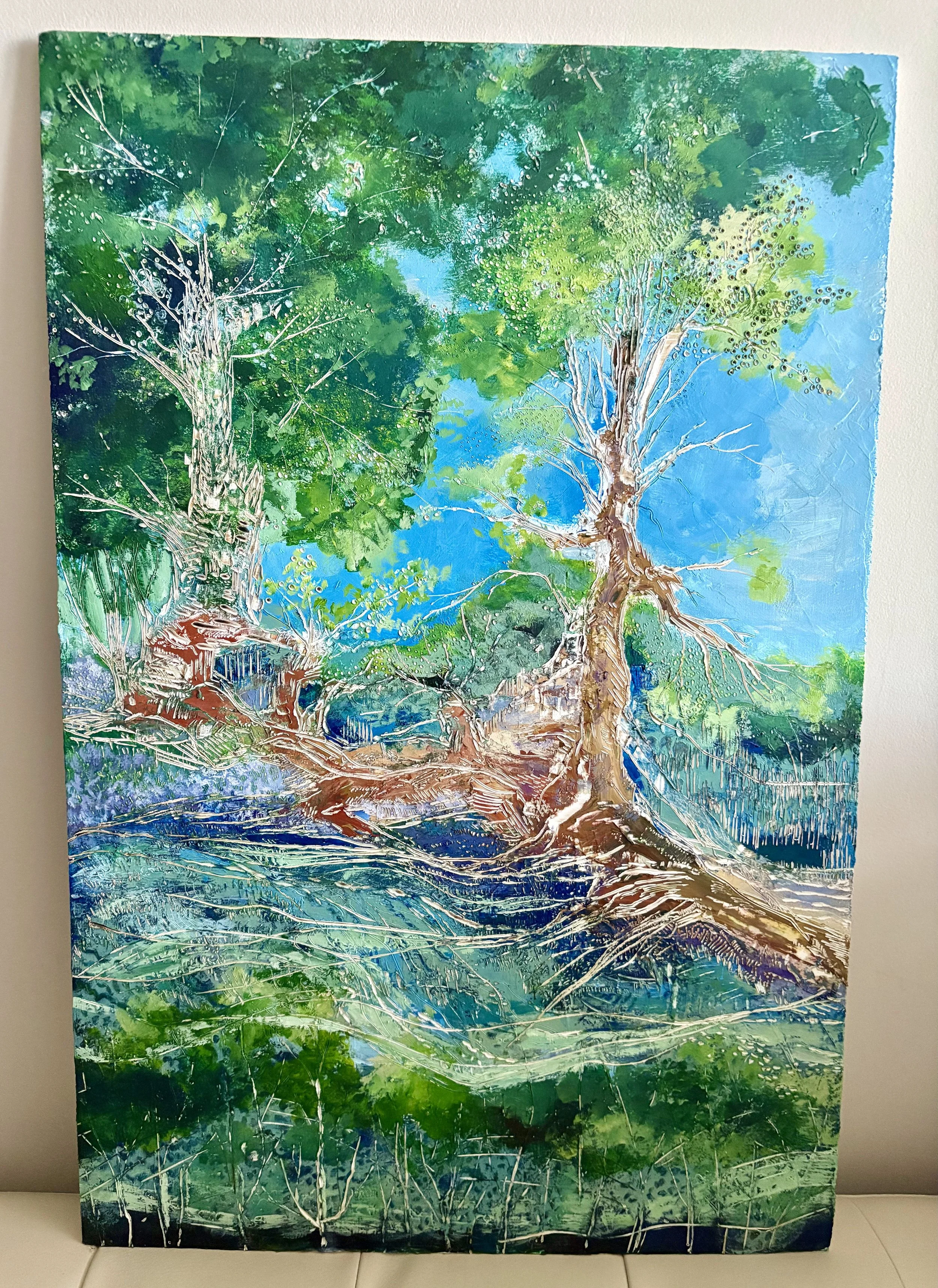 2023, "Enchantment", 24x15 15/16, Acrylic on Gessoed Wood, Woodburned Details 