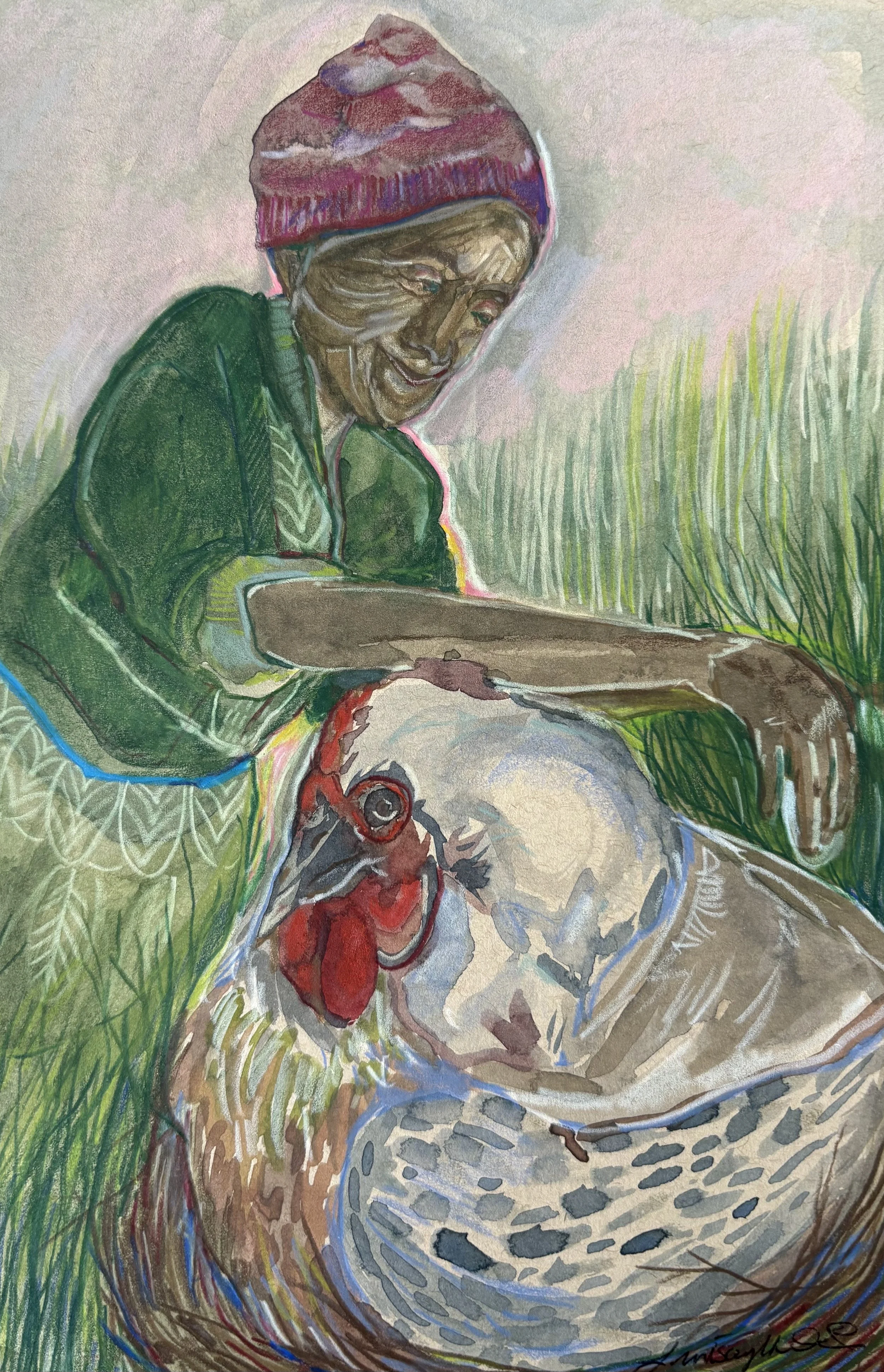 Mixed Media on Recycled Paper, "Cottagecore Nana" 