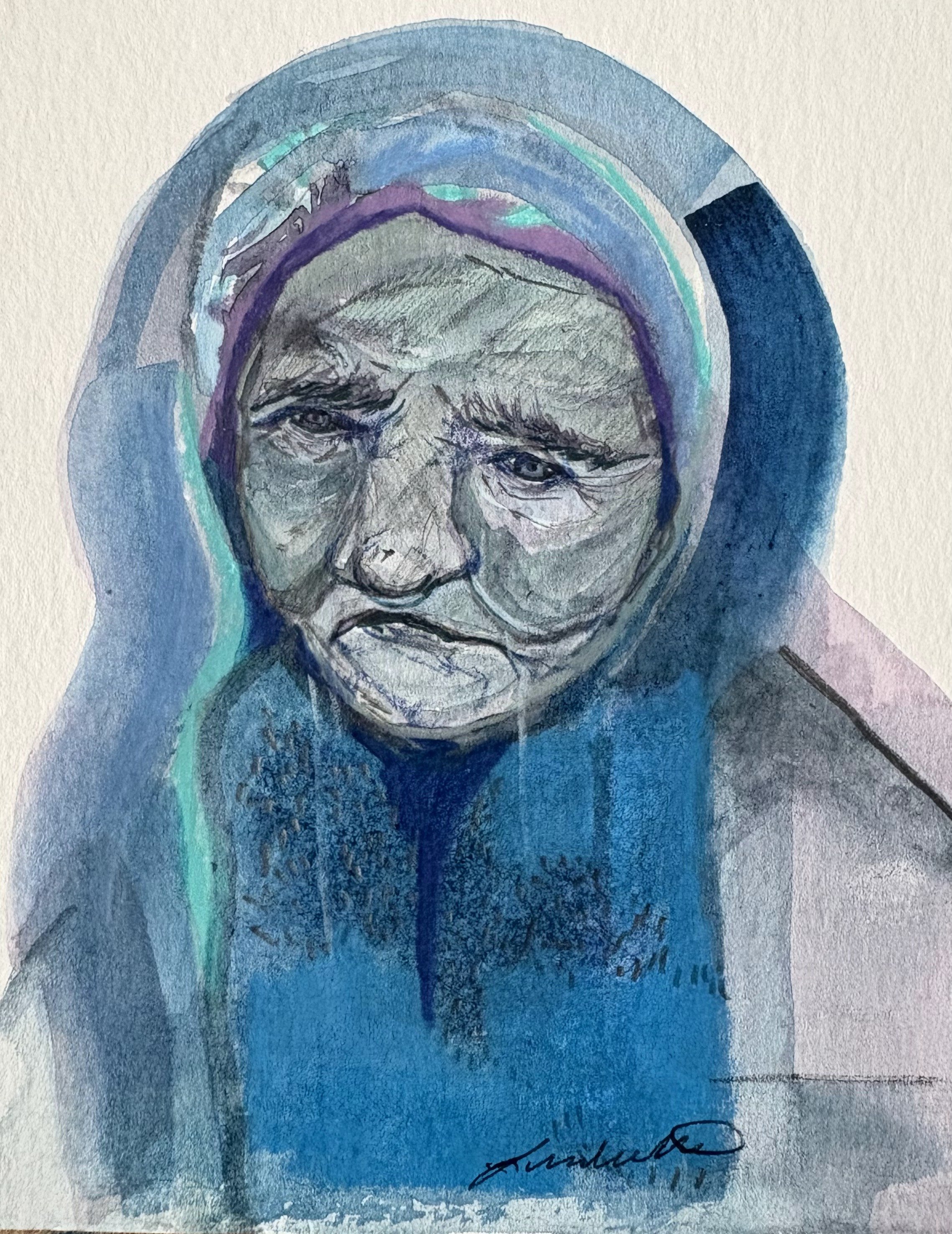 Watercolor, Pen & Ink, Colored Pencils on Textured Paper, "Grief Is An Elder" 