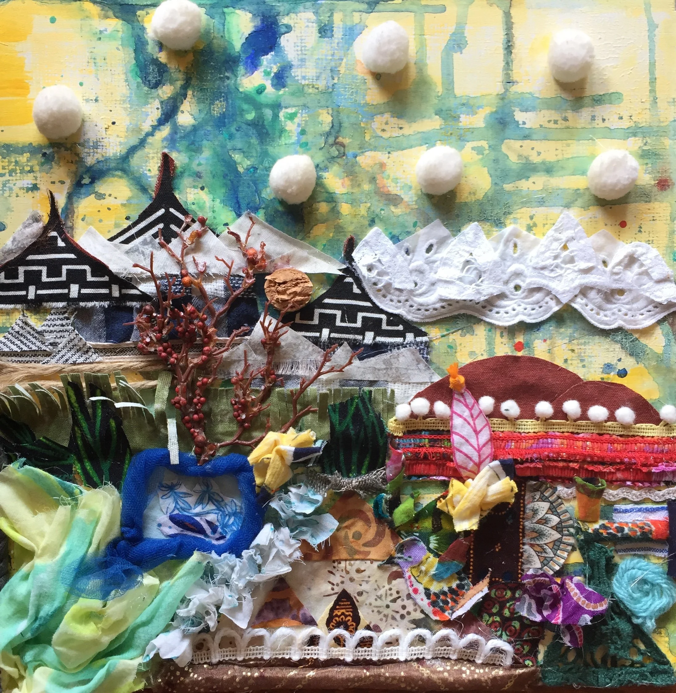 Upcycled Piece, Multimedia, Textiles on Wood, "Rainbow Forest" 