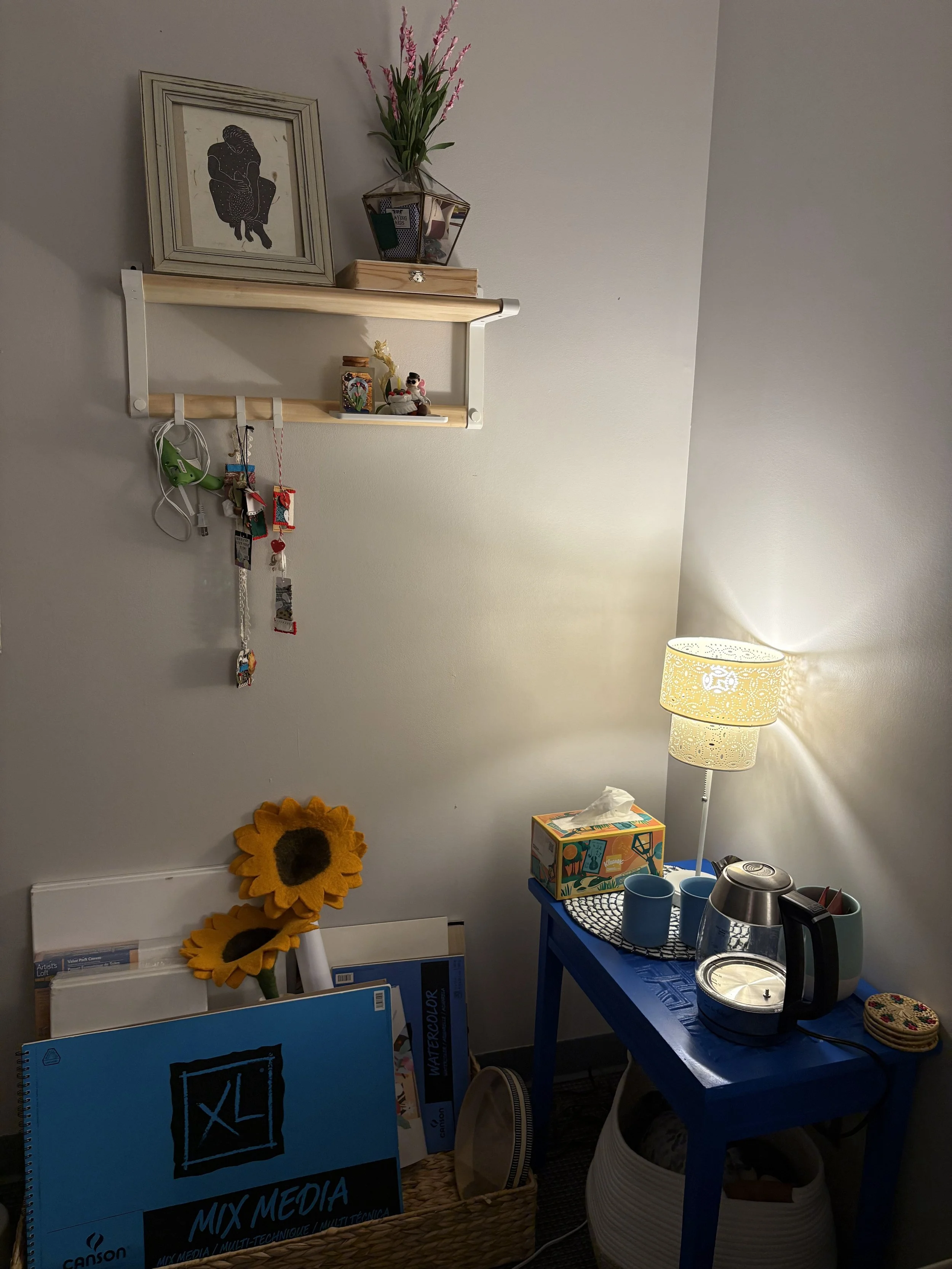 Tea, coffee, and water are available to support comfort and relaxation during sessions, and light refreshments may occasionally be offered as part of creating a welcoming therapeutic space. 