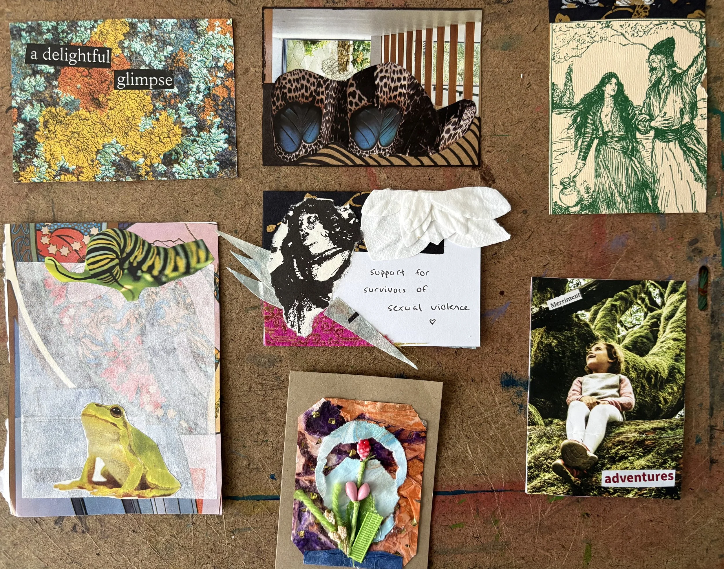 A collage of various images and artwork on a bulletin board. Includes text that says 'a delightful glimpse' and another that supports survivors of sexual violence. Various artistic images such as a butterfly, frog, woman with long hair, girl sitting outdoors, and a colorful collage with flowers and fabric.