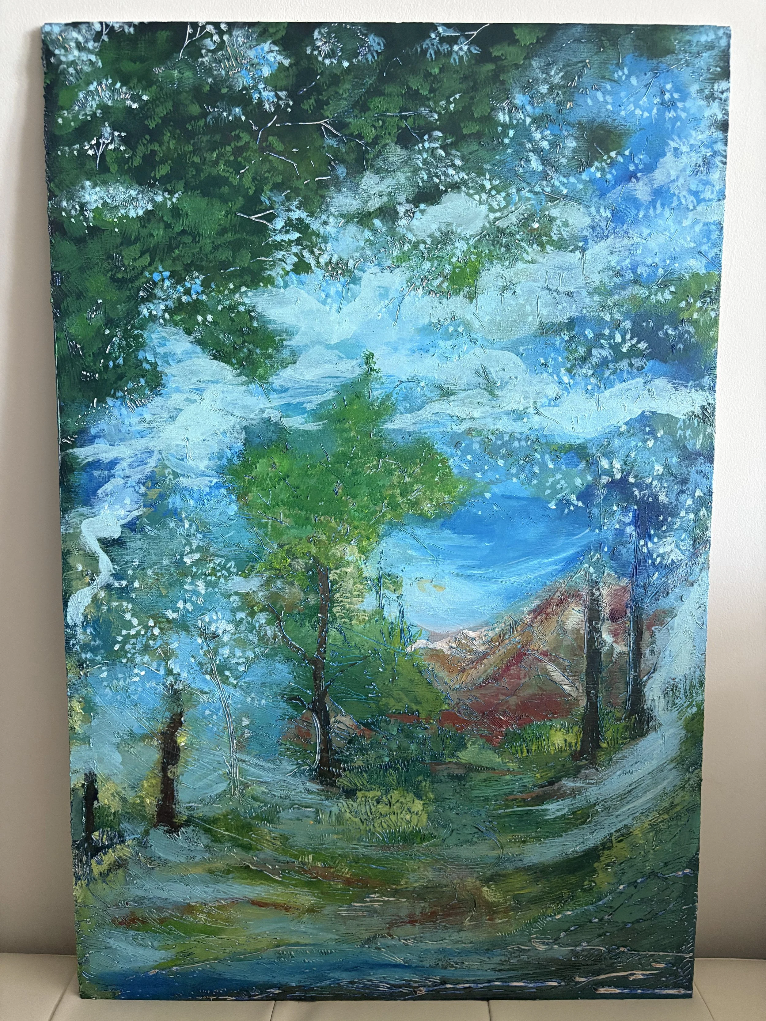 2023, "Dreamscape Forest", 24x15 15/16, Acrylic on Gessoed Wood, Woodburned Details 