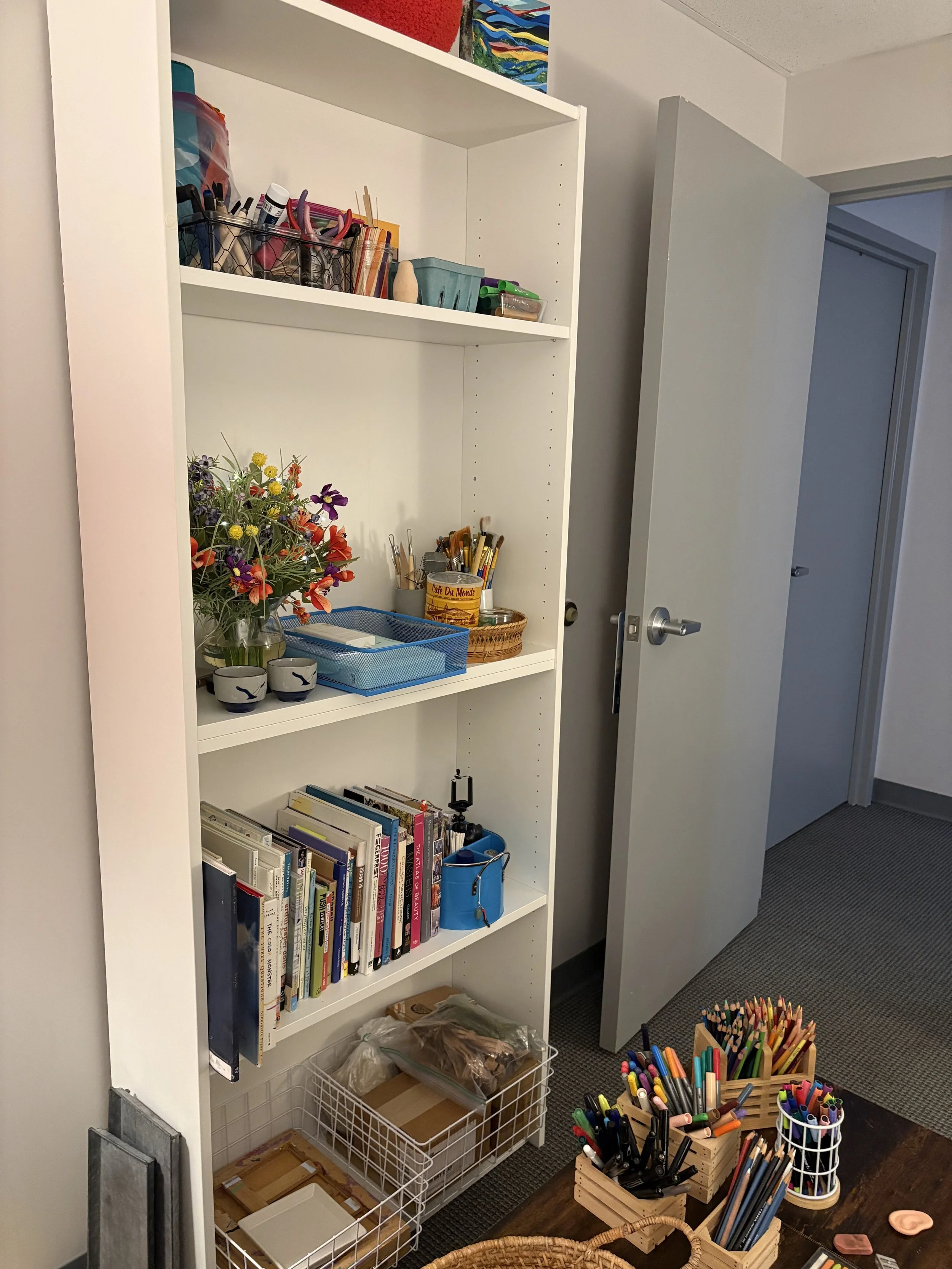 Art supplies, materials, and mediums are readily available for use and thoughtfully displayed for easy access.