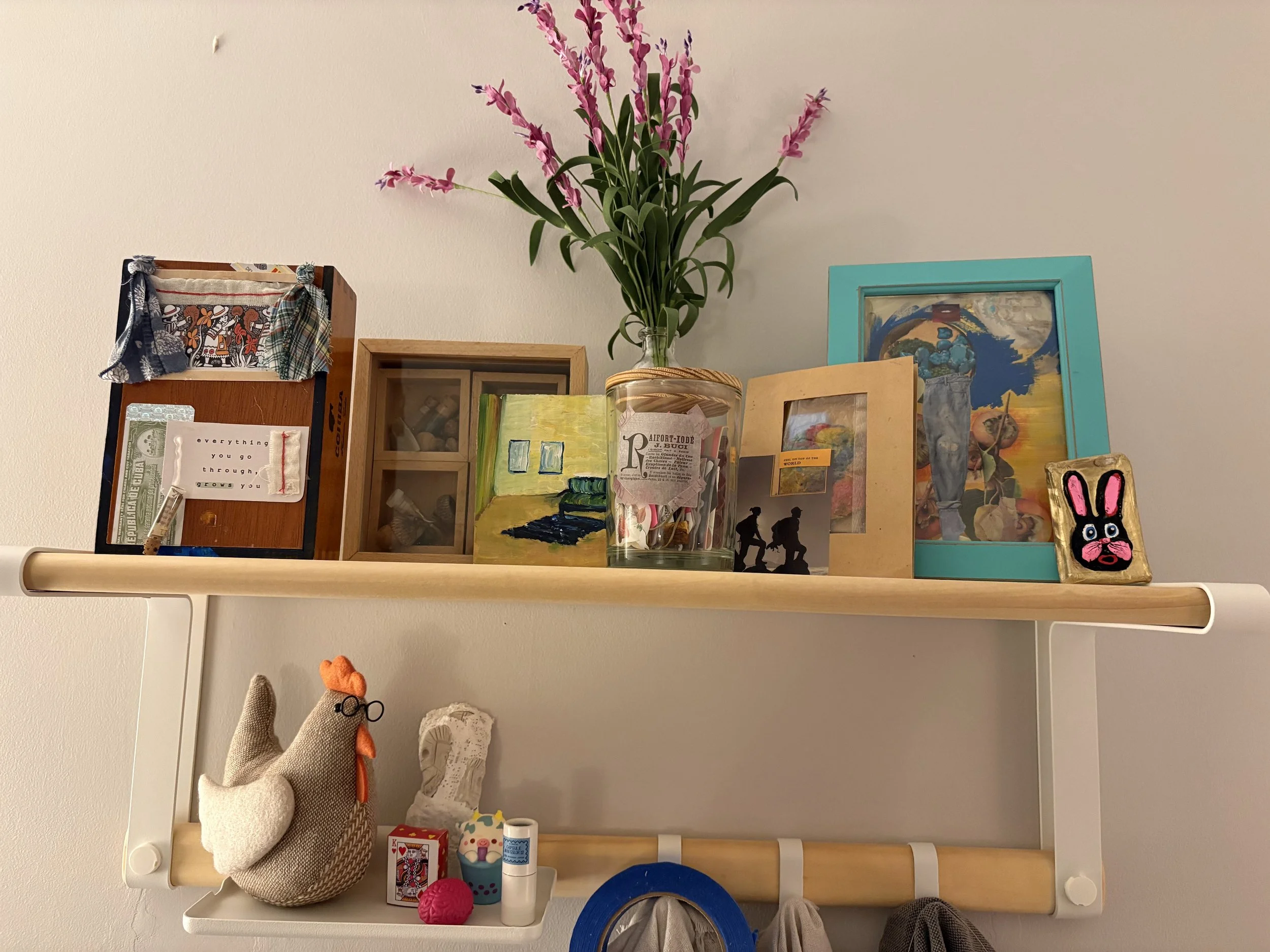 Collections of found objects, permanent artwork, and art gathered locally and during travels are displayed throughout the office and change from time to time.