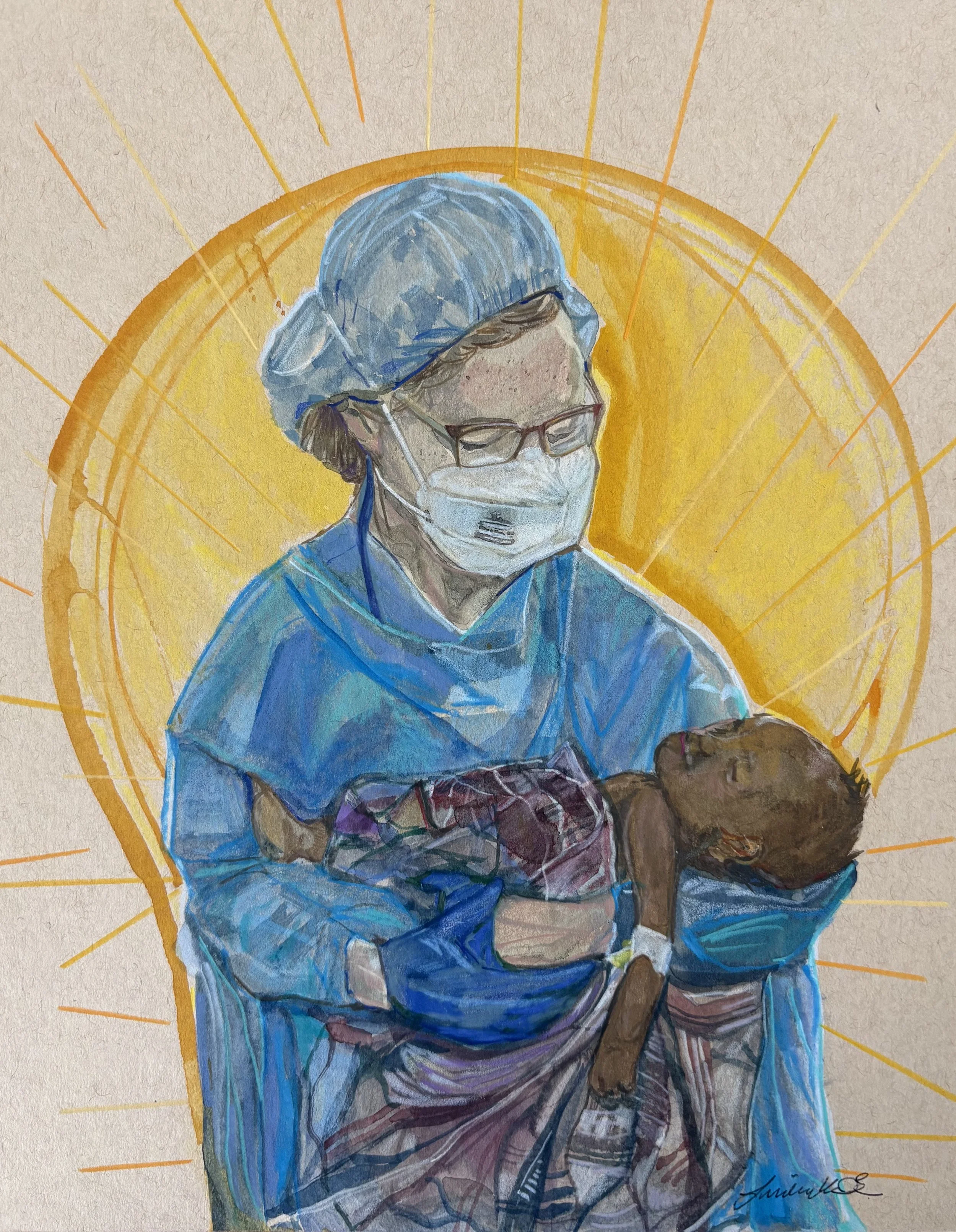 Watercolor, Pen & Ink, Colored Pencils on Recycled Paper, "Hope Doctor"