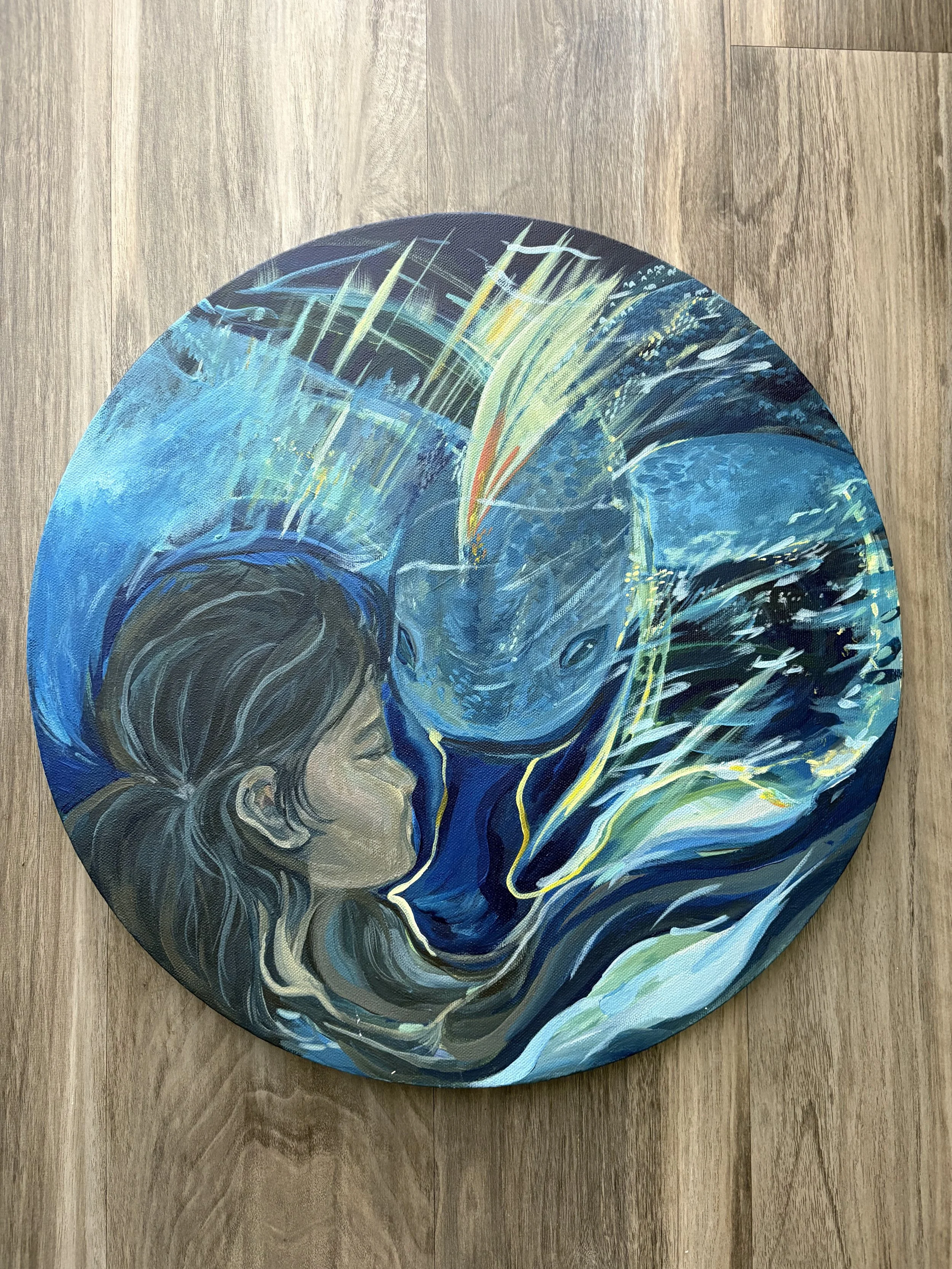 2024, "Underwater Seascape", 16x26 Circle Canvas, Acrylic Painting 