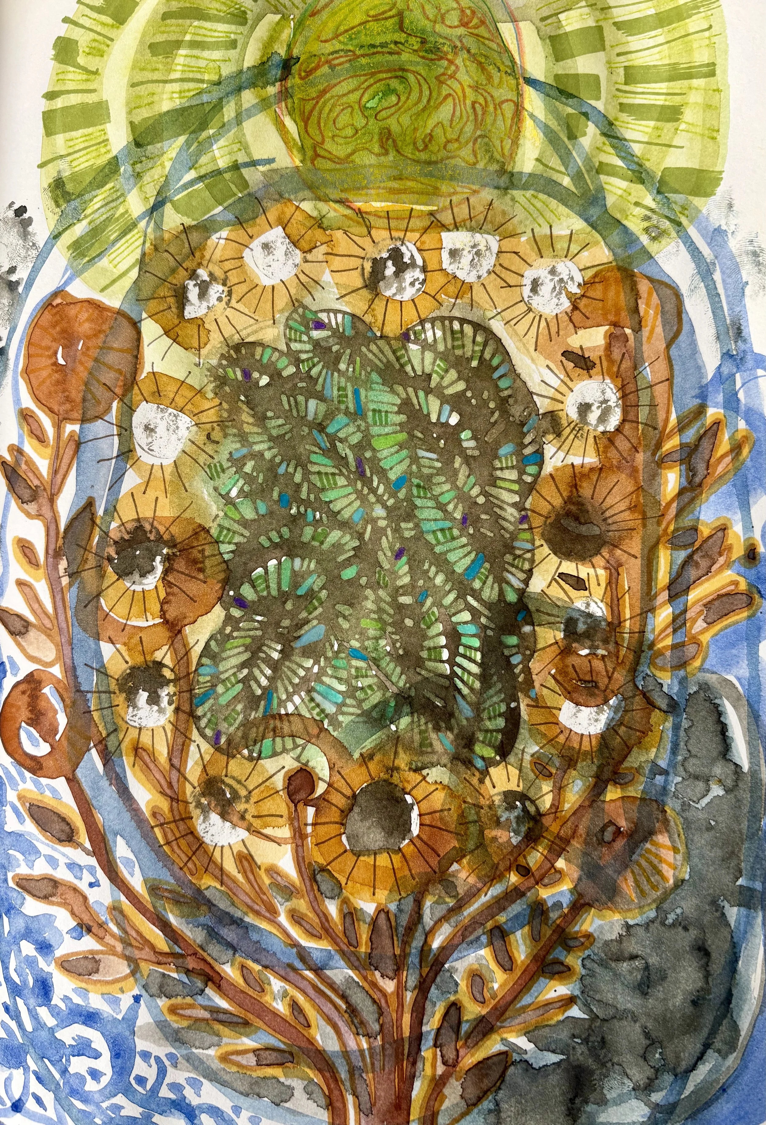 Sketchbook play and exploration, watercolor, stamps, ink and markers