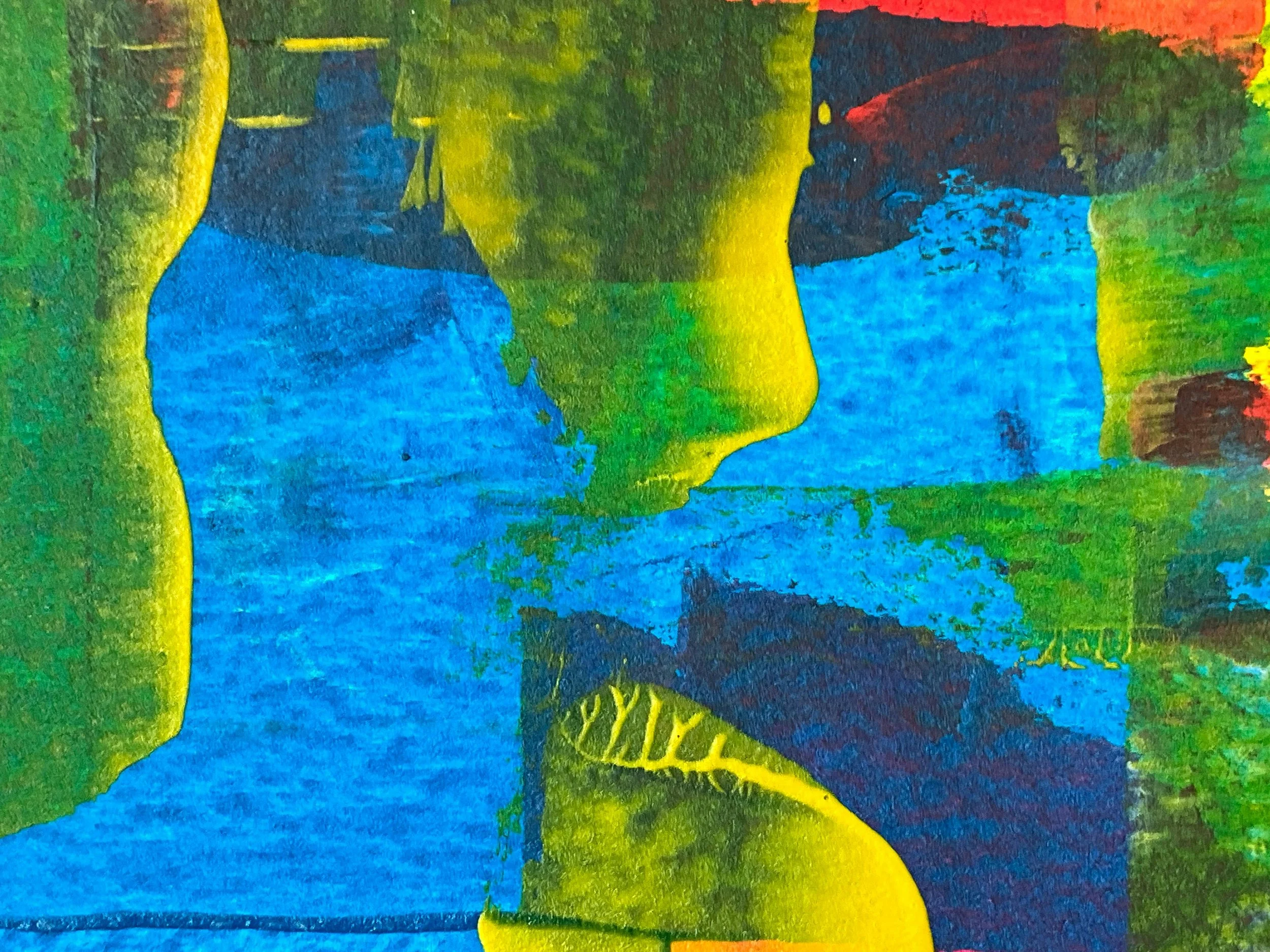 Abstract painting with vibrant colors including blue, green, yellow, red, and black, with textured brushstrokes and no distinct objects or figures.