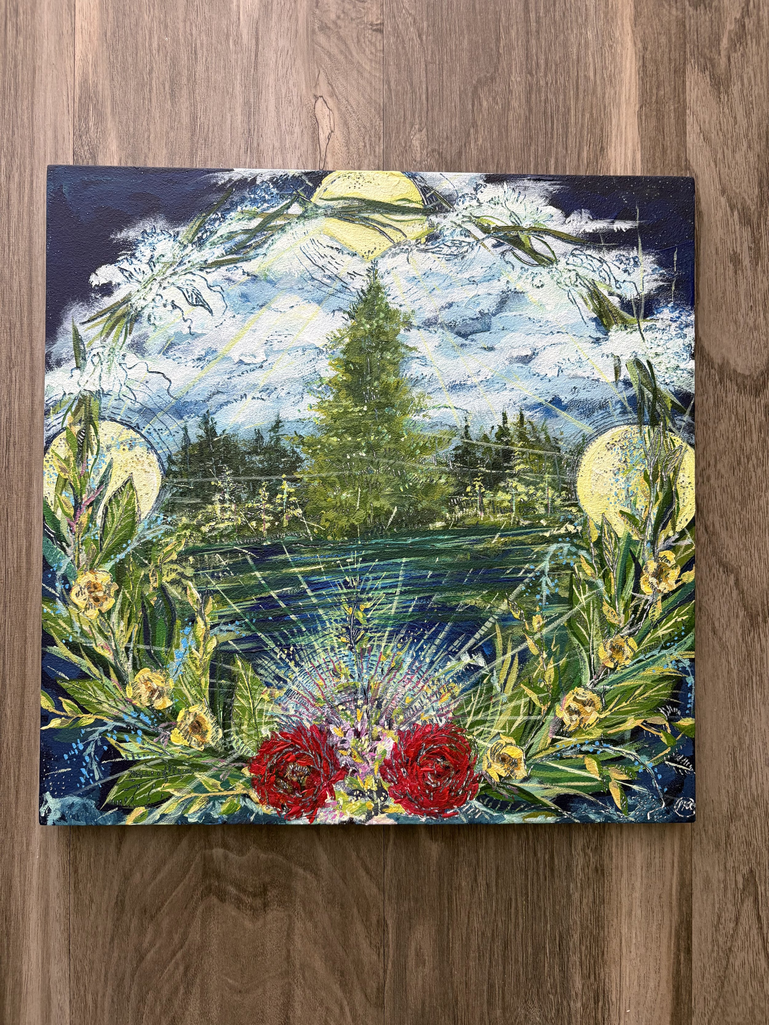 2022, "The Wilds", 12x12, Acrylic on Wood Canvas, Woodburned Details