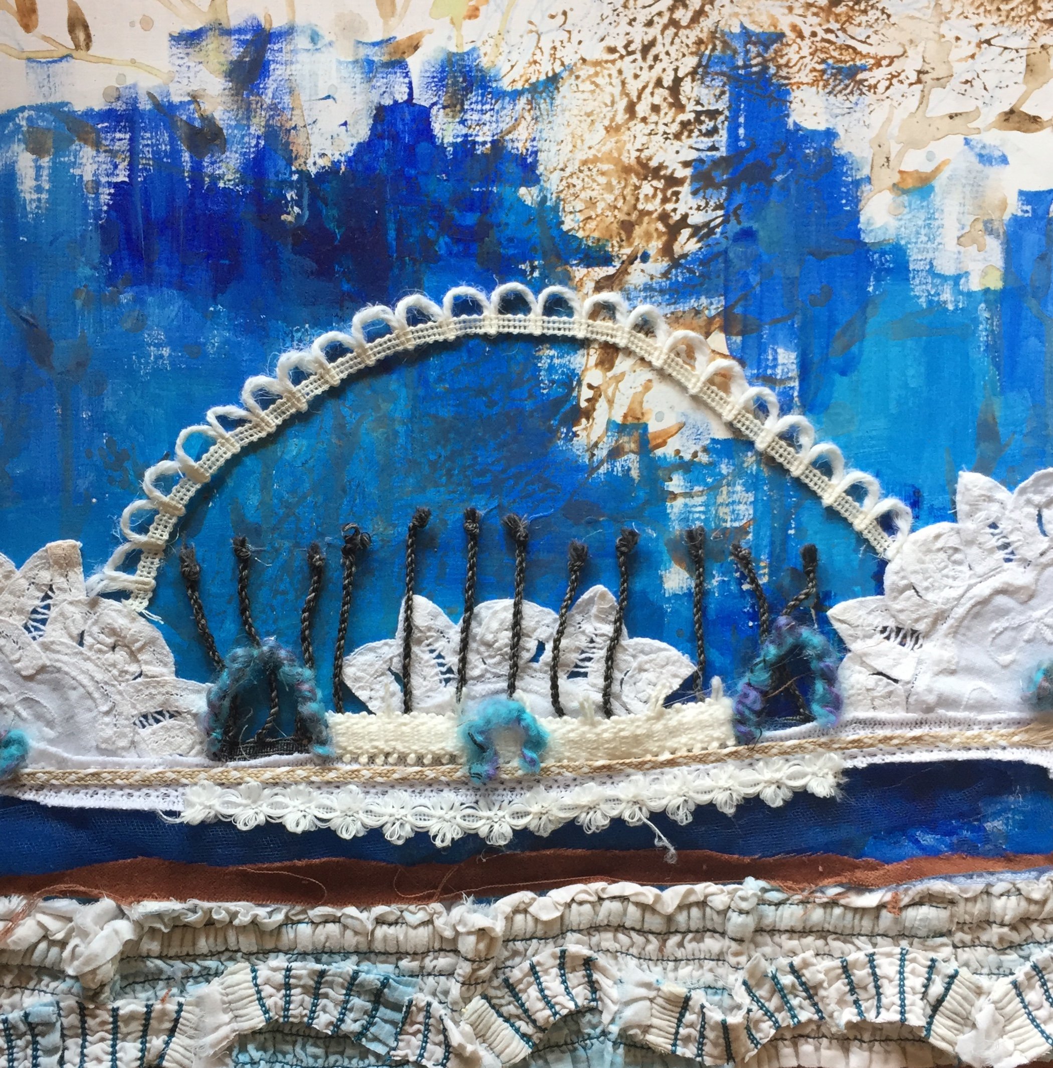 Upcycled Piece, Textiles on Wood, "Winterscape" 