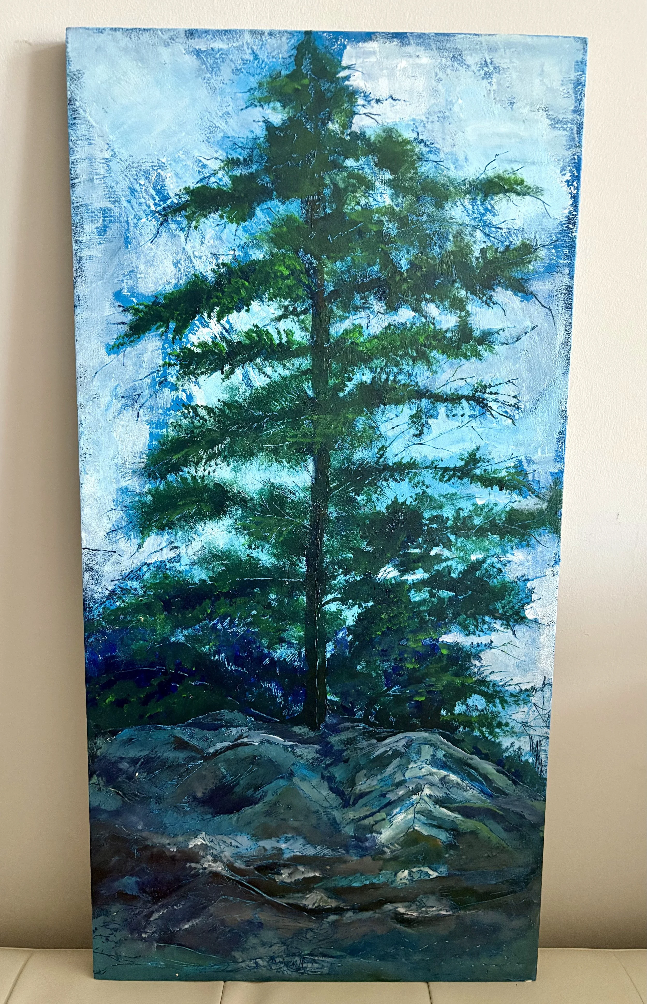 2020, "Tall Tree", 12x24, Acrylic on Wood Canvas, Woodburned Details 
