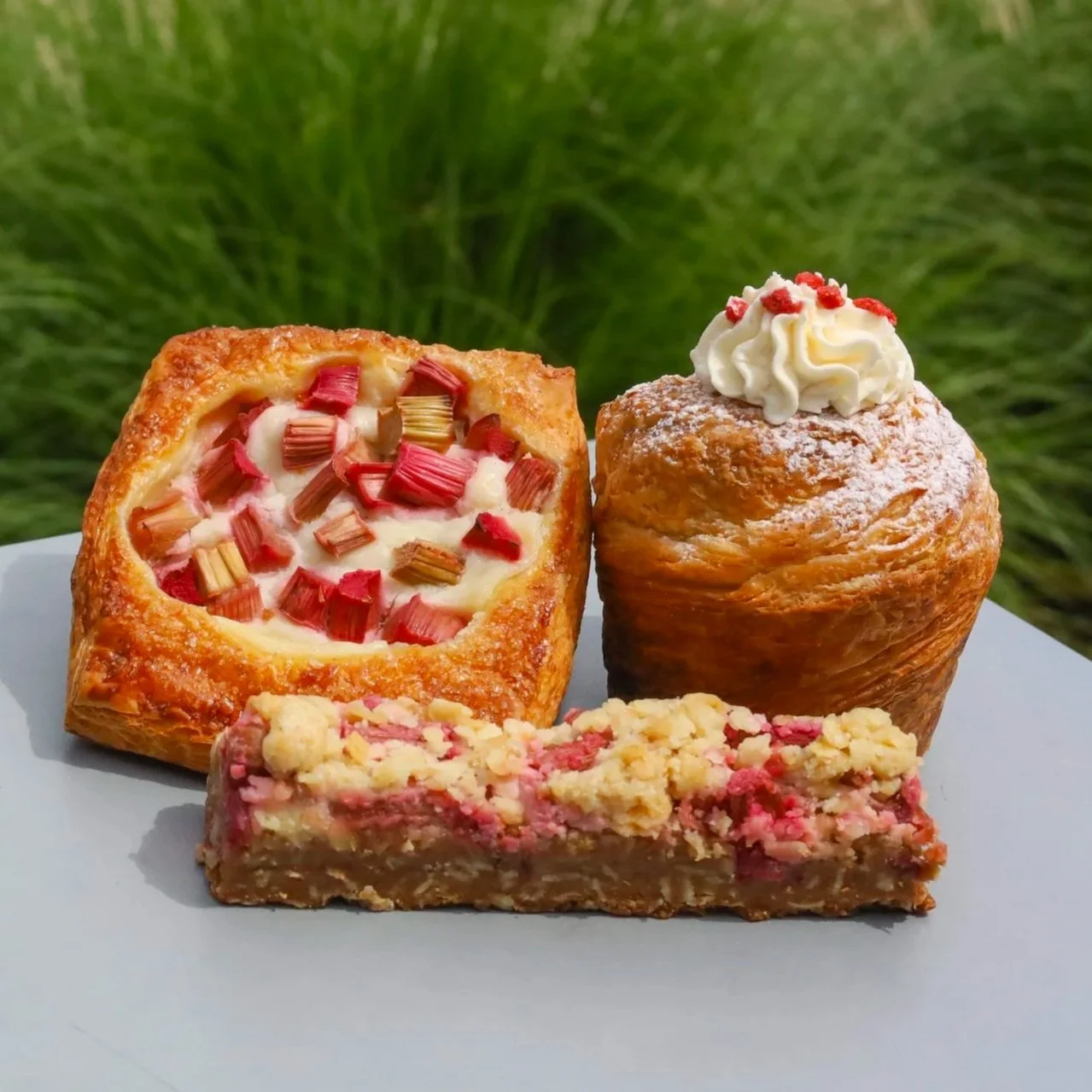 Fruit pastries sitting on a table with green grass in the background.