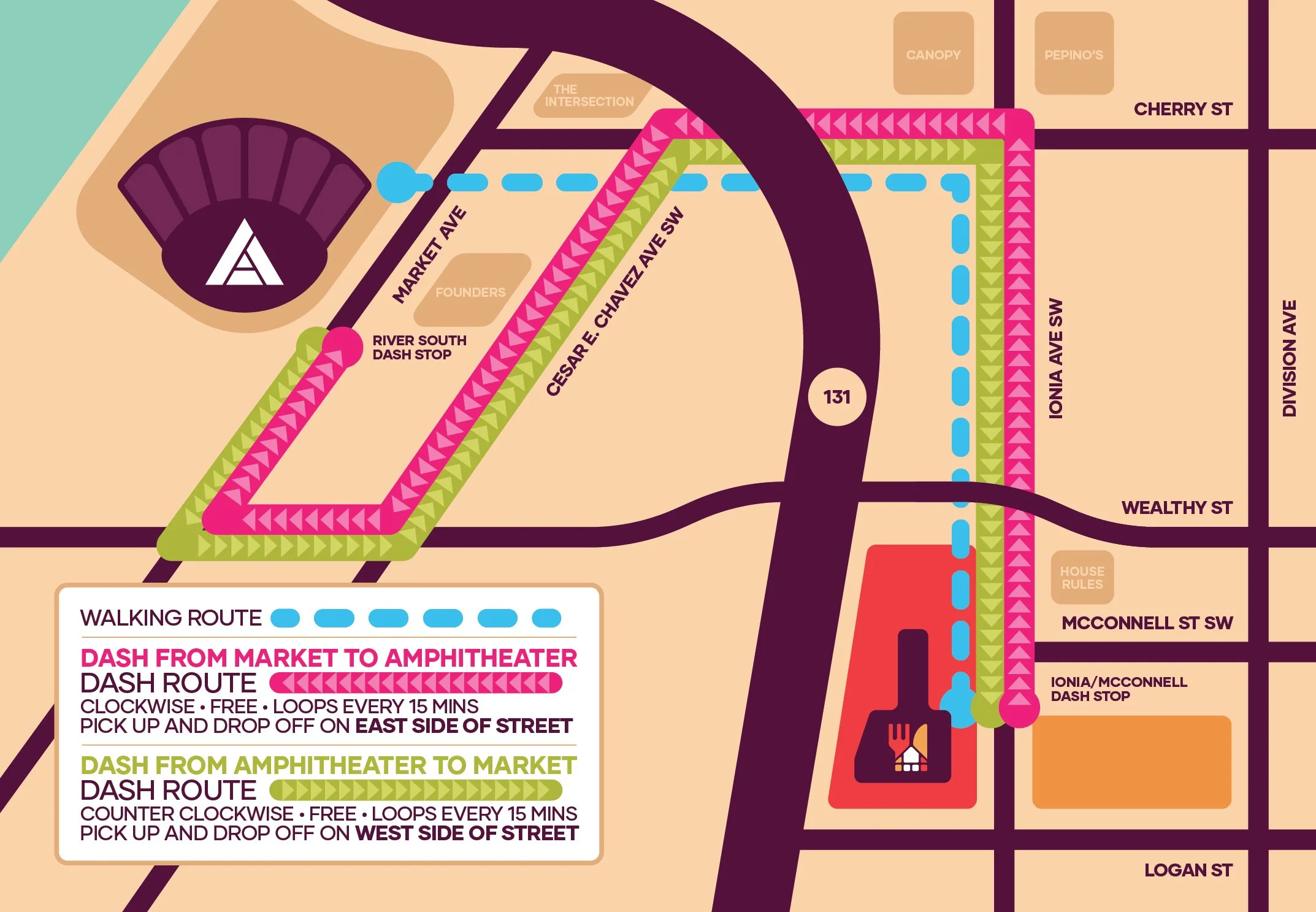 Map of downtown Grand Rapids showing easy parking and free DASH bus routes to the Acrisure Amphitheater
