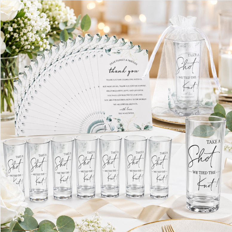 Shot Glasses with Thank You Cards and Organza Bags