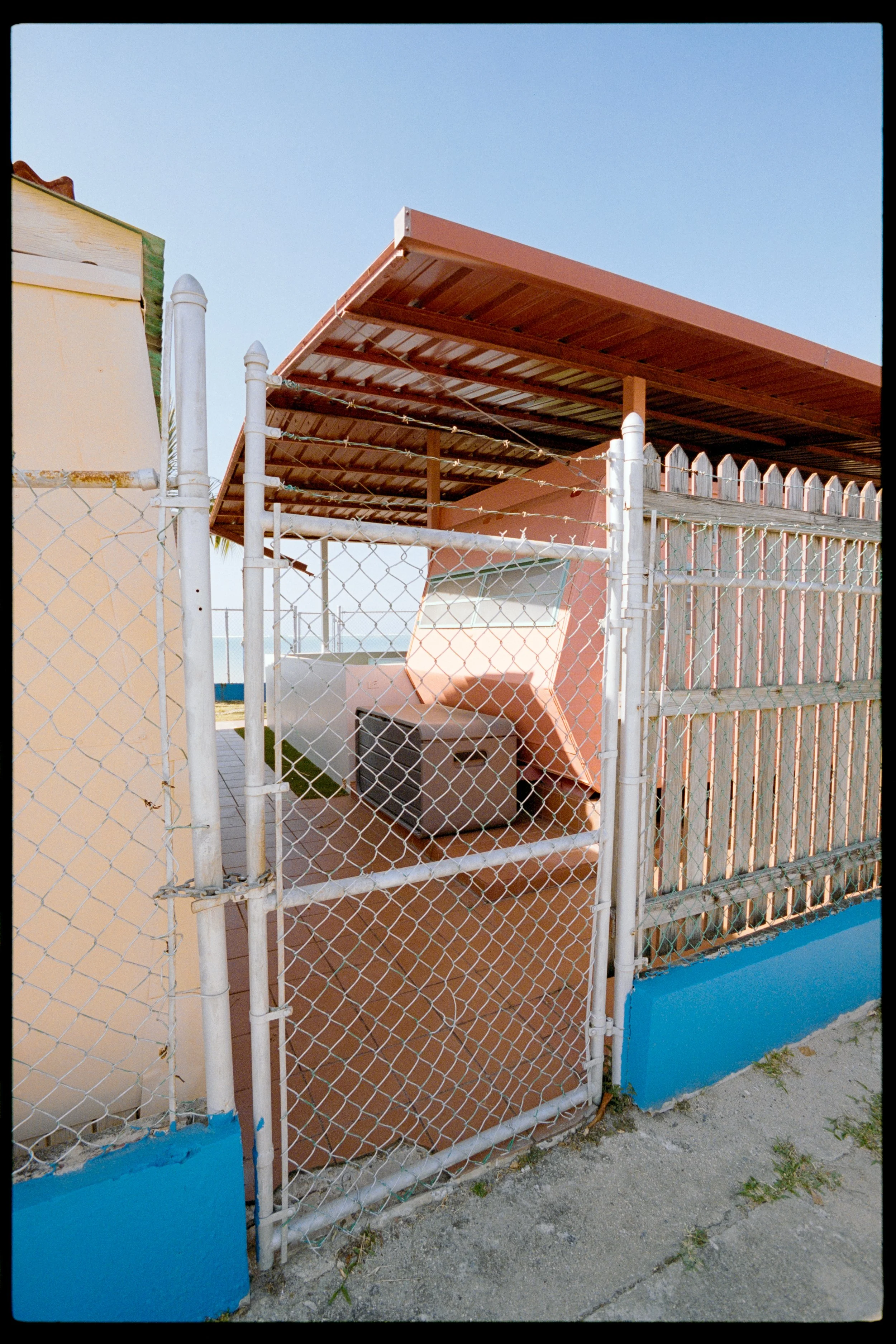 A white chain-link fence with a brown wooden gate, blue concrete posts, and a canopy made of wood and metal, located on a concrete sidewalk with some grass and cracks.