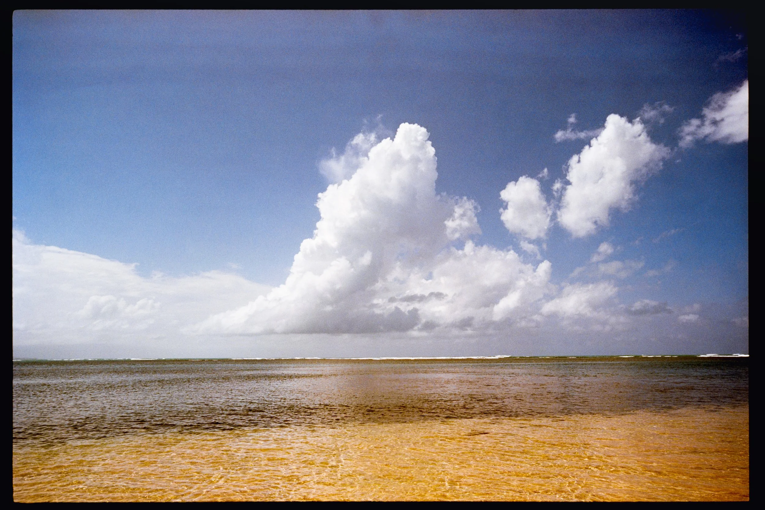 Wide view of a beach with wet sand, a calm ocean, and a blue sky with scattered white clouds.