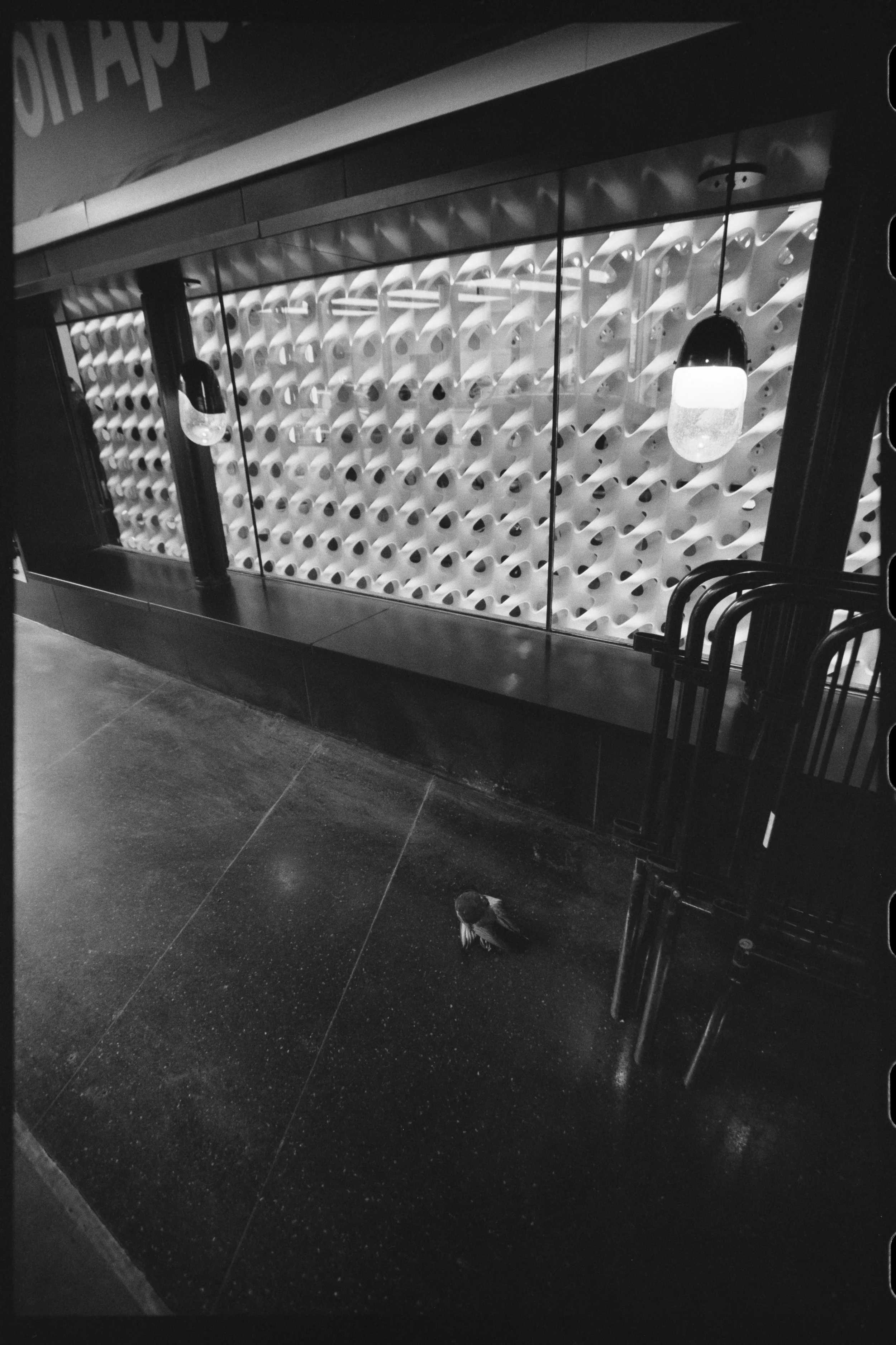 A black and white photo of a modern indoor space with a textured wall made of angled panels and circular holes, illuminated by hanging pendant lights, with a small bird on the dark tiled floor near a group of chairs.