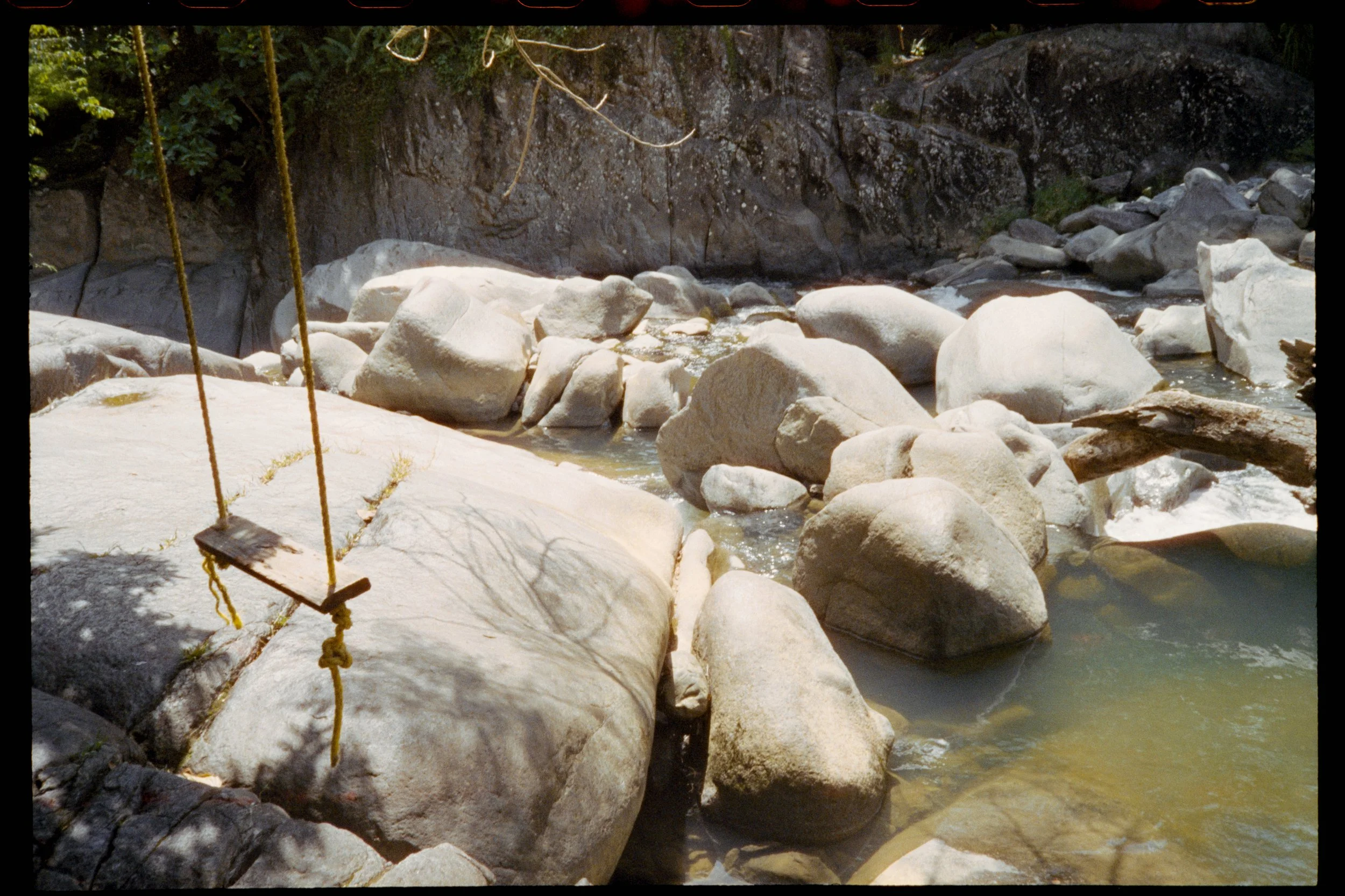A small wooden swing hanging from two yellow ropes over a rocky creek in a forest.