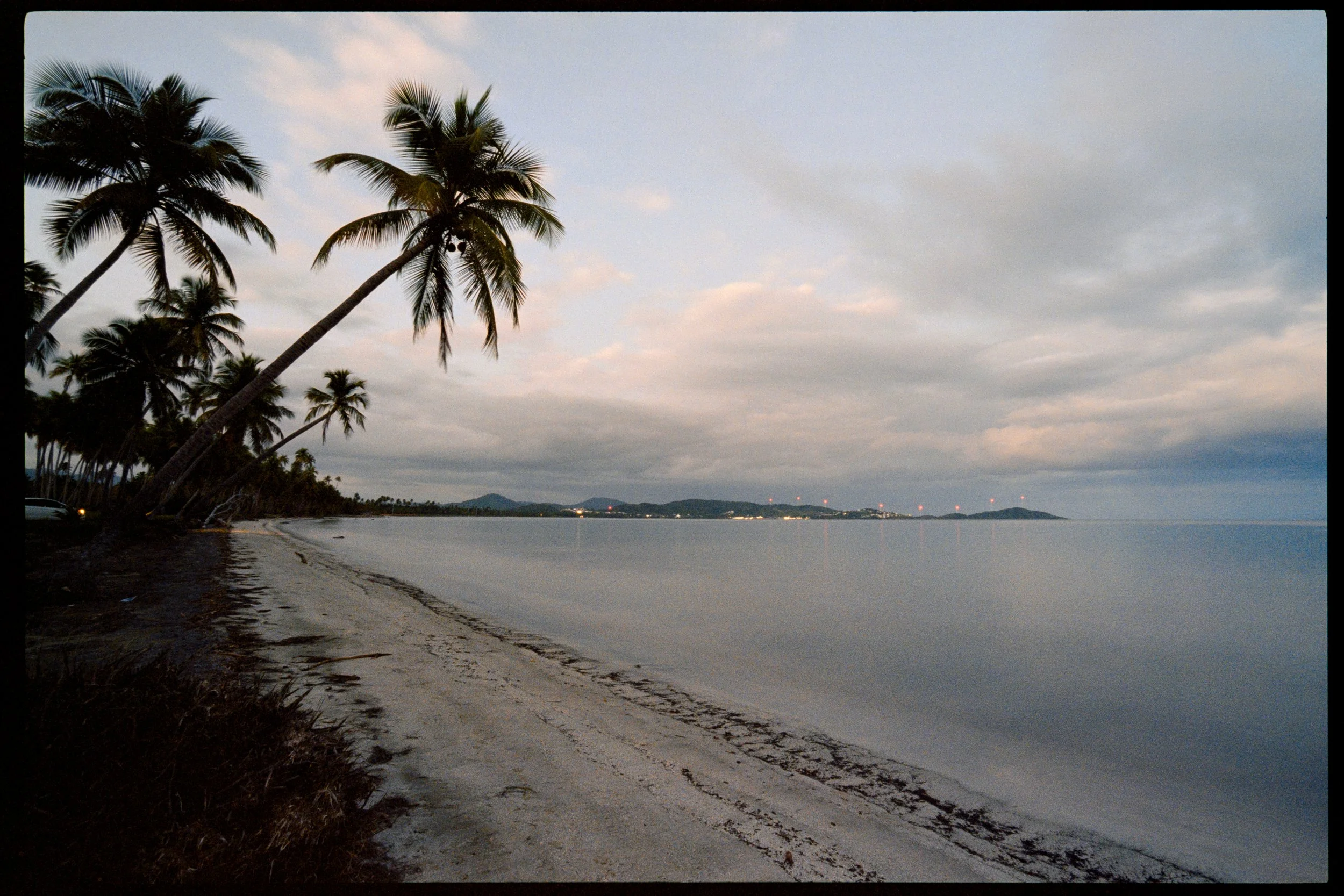 A beach scene at dusk with palm trees on the left, calm water on the right, and a cloudy sky overhead. Distant hills and lights are visible on the horizon.
